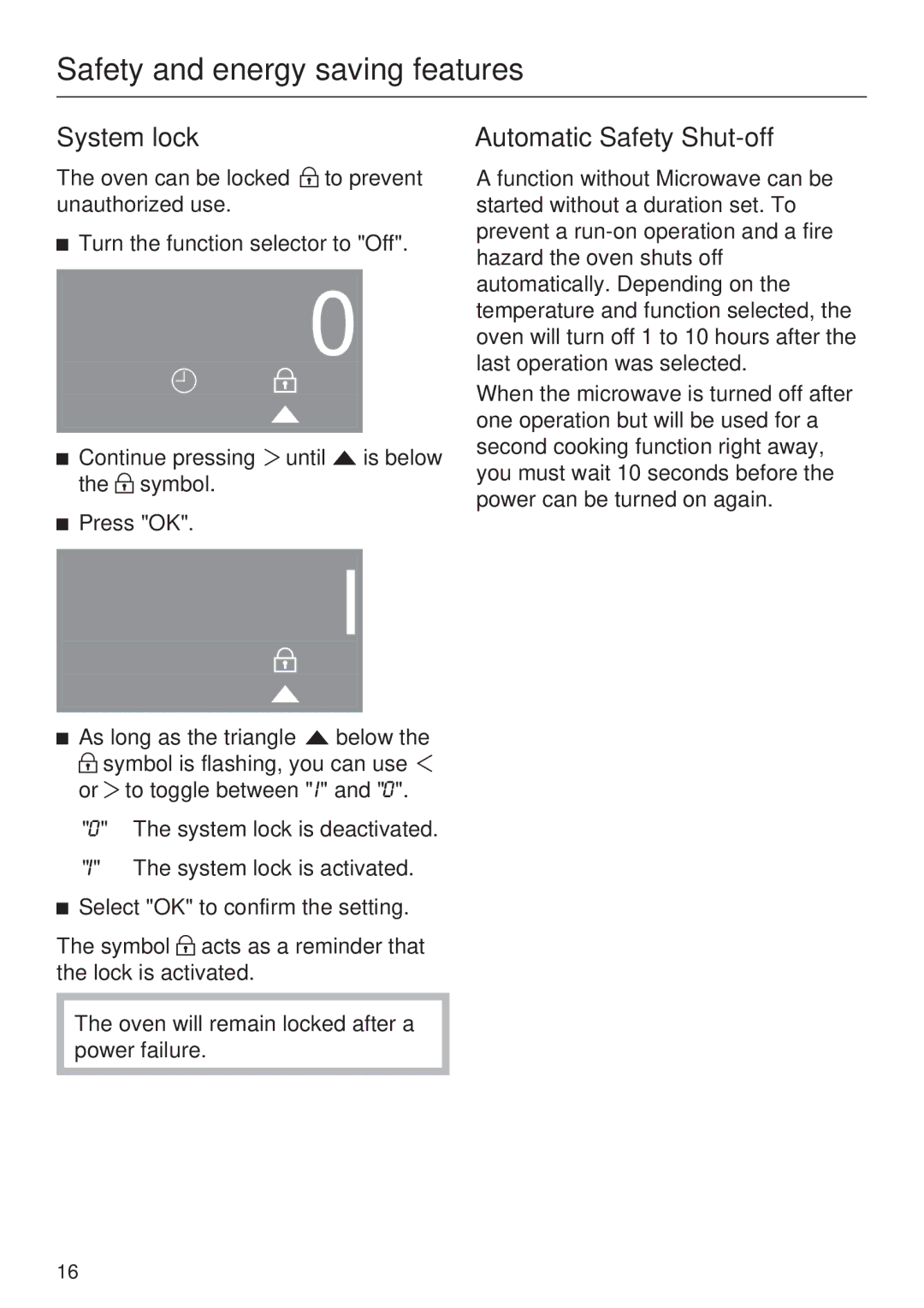 Miele H 4044 BM installation instructions Safety and energy saving features, System lock, Automatic Safety Shut-off 