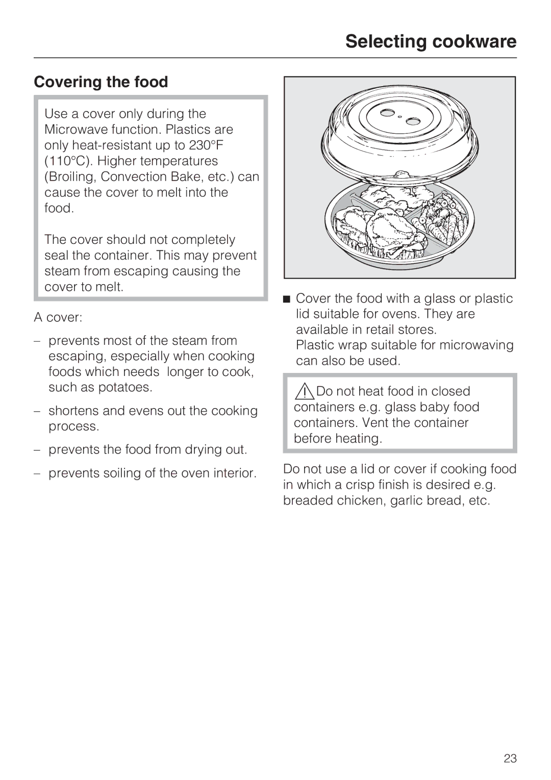 Miele H 4044 BM installation instructions Covering the food 