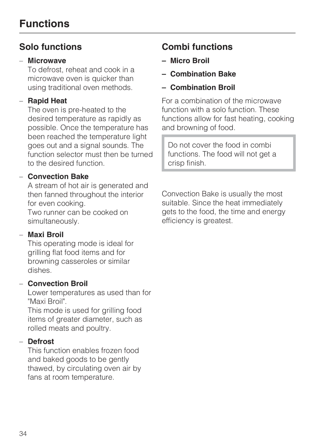 Miele H 4044 BM installation instructions Functions 