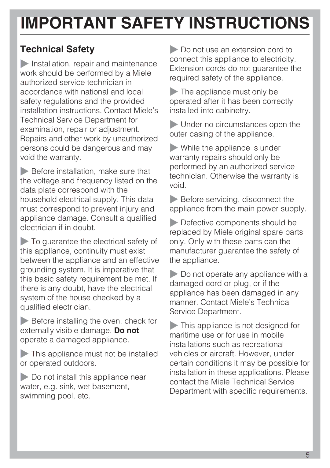 Miele H 4044 BM installation instructions Technical Safety 