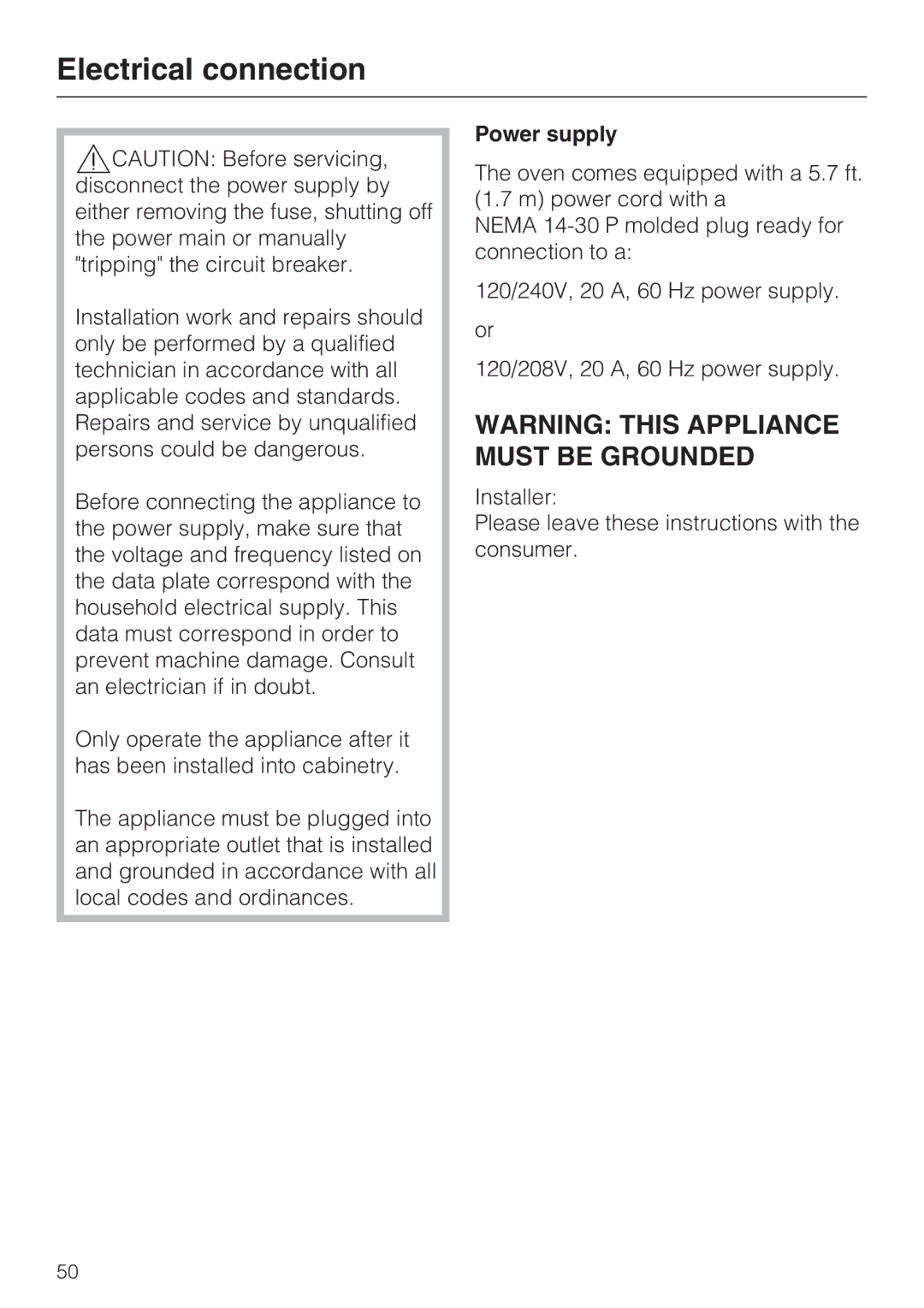 Miele H 4044 BM installation instructions Electrical connection, Power supply 