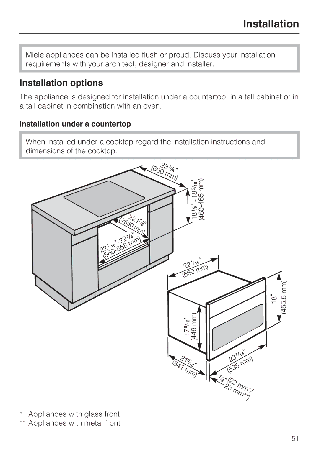 Miele H 4044 BM installation instructions Installation options, Installation under a countertop 