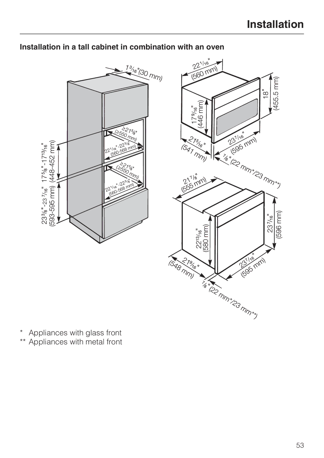 Miele H 4044 BM installation instructions Installation in a tall cabinet in combination with an oven 