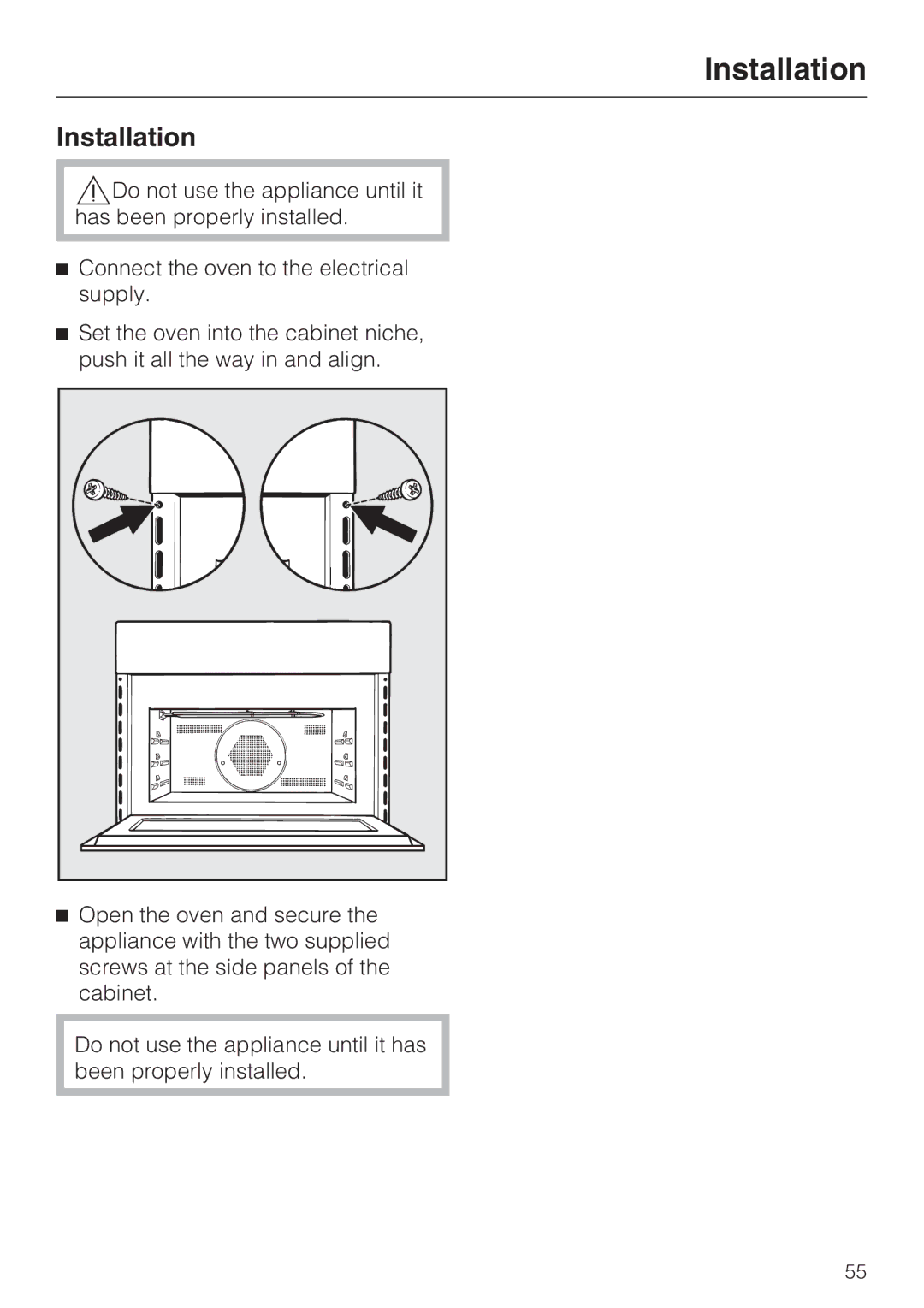 Miele H 4044 BM installation instructions Installation 