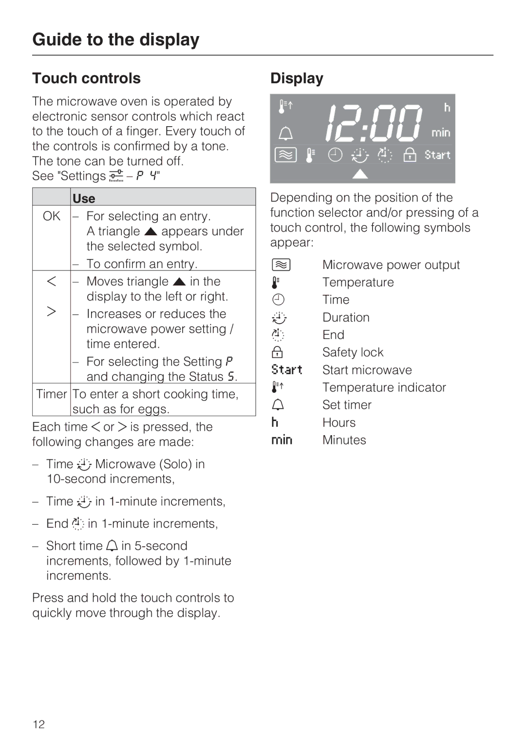 Miele H 4044 BM installation instructions Touch controls, Display, Use 