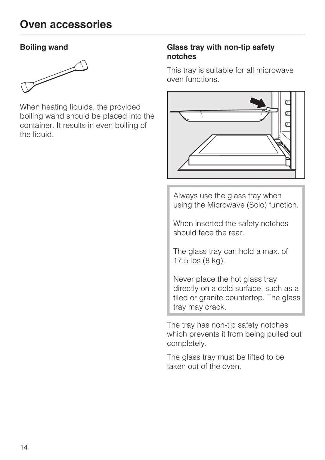 Miele H 4044 BM installation instructions Oven accessories, Boiling wand, Glass tray with non-tip safety notches 