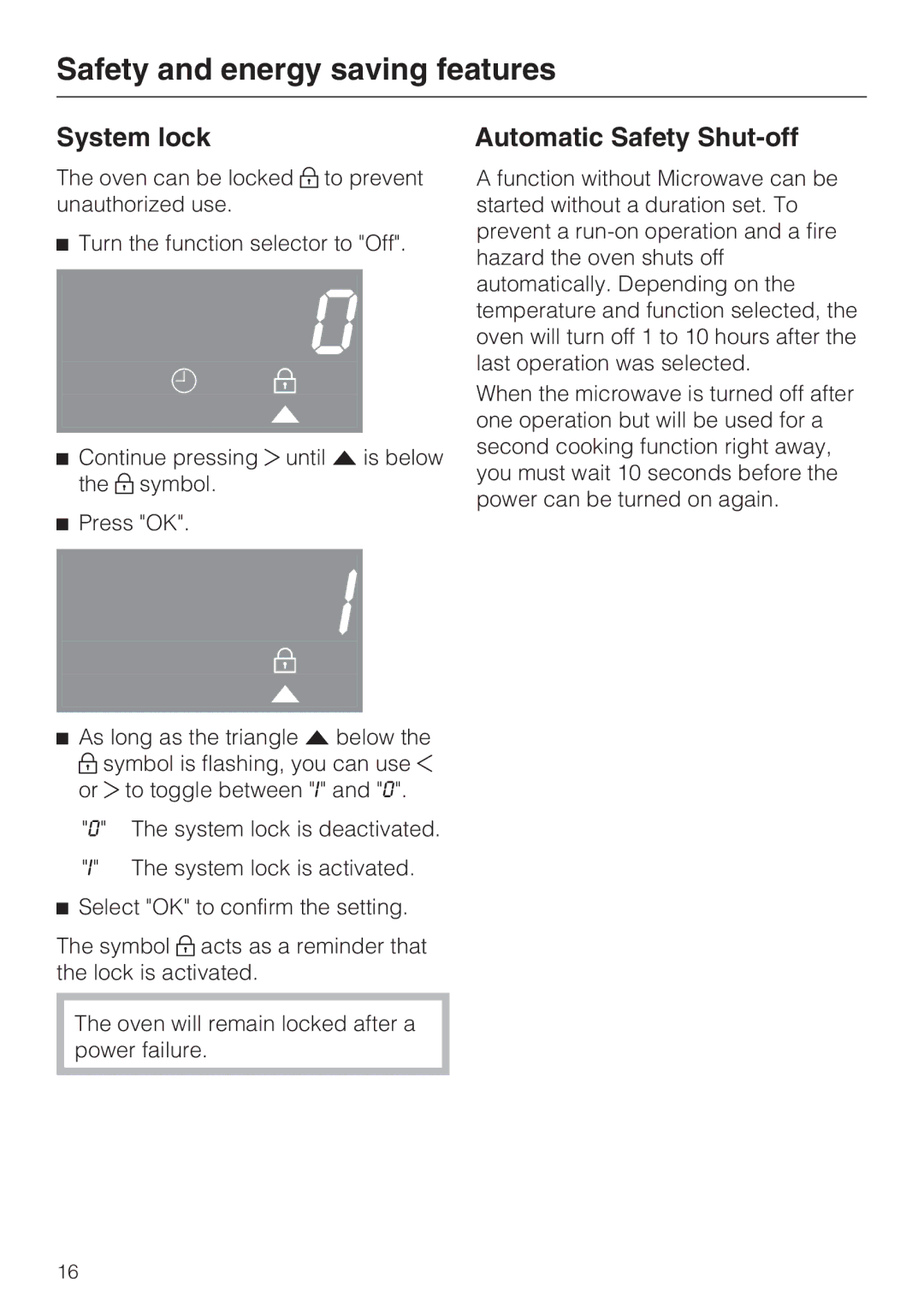 Miele H 4044 BM installation instructions Safety and energy saving features, System lock, Automatic Safety Shut-off 