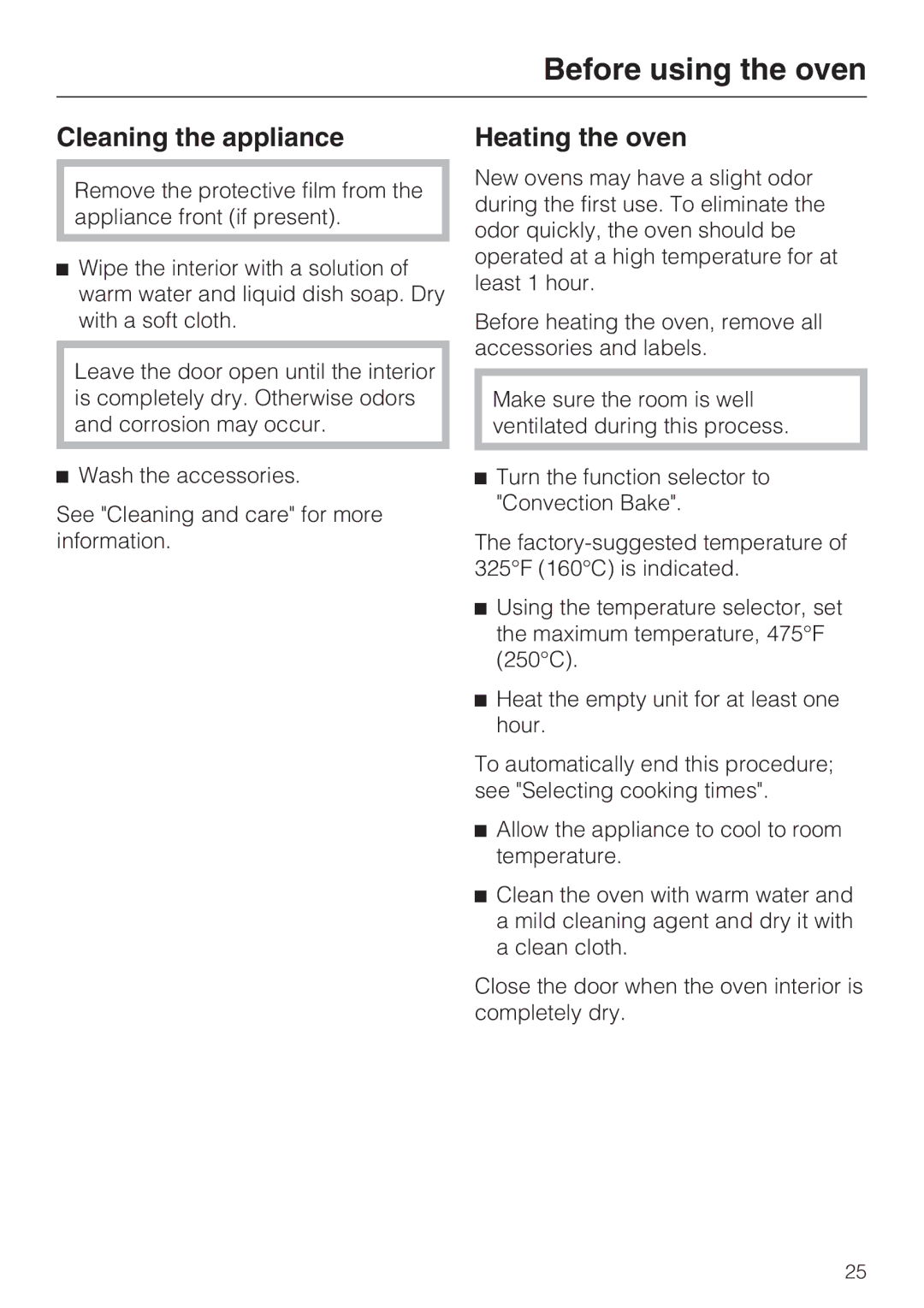 Miele H 4044 BM installation instructions Cleaning the appliance, Heating the oven 