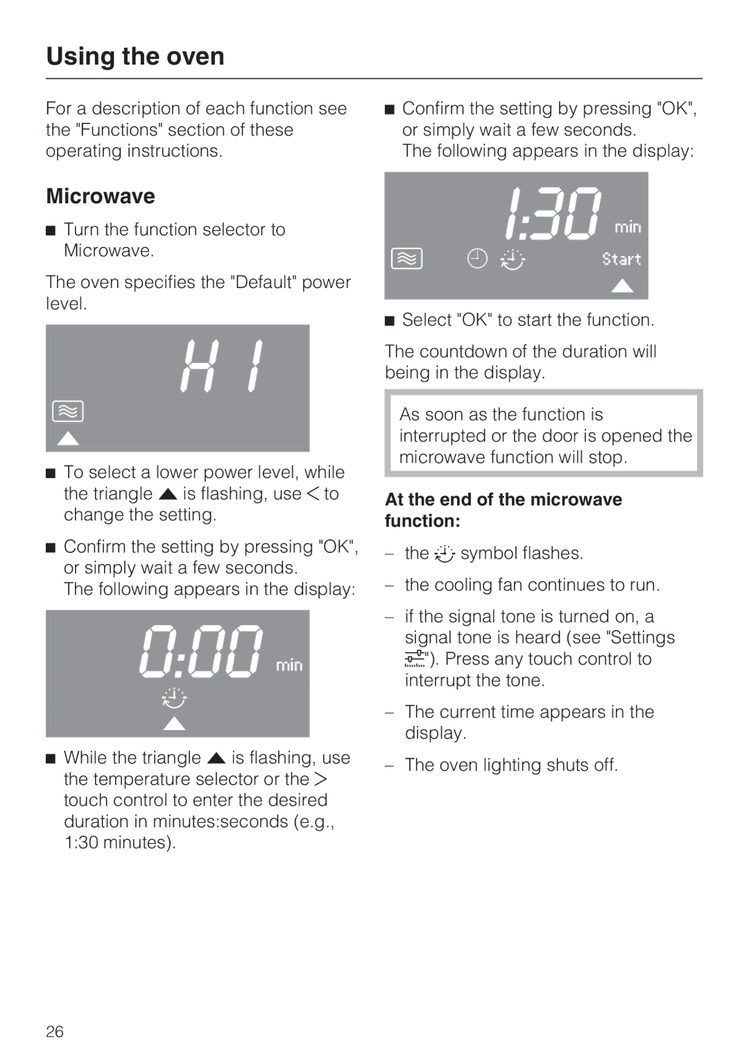 Miele H 4044 BM installation instructions Using the oven, Microwave, At the end of the microwave function 