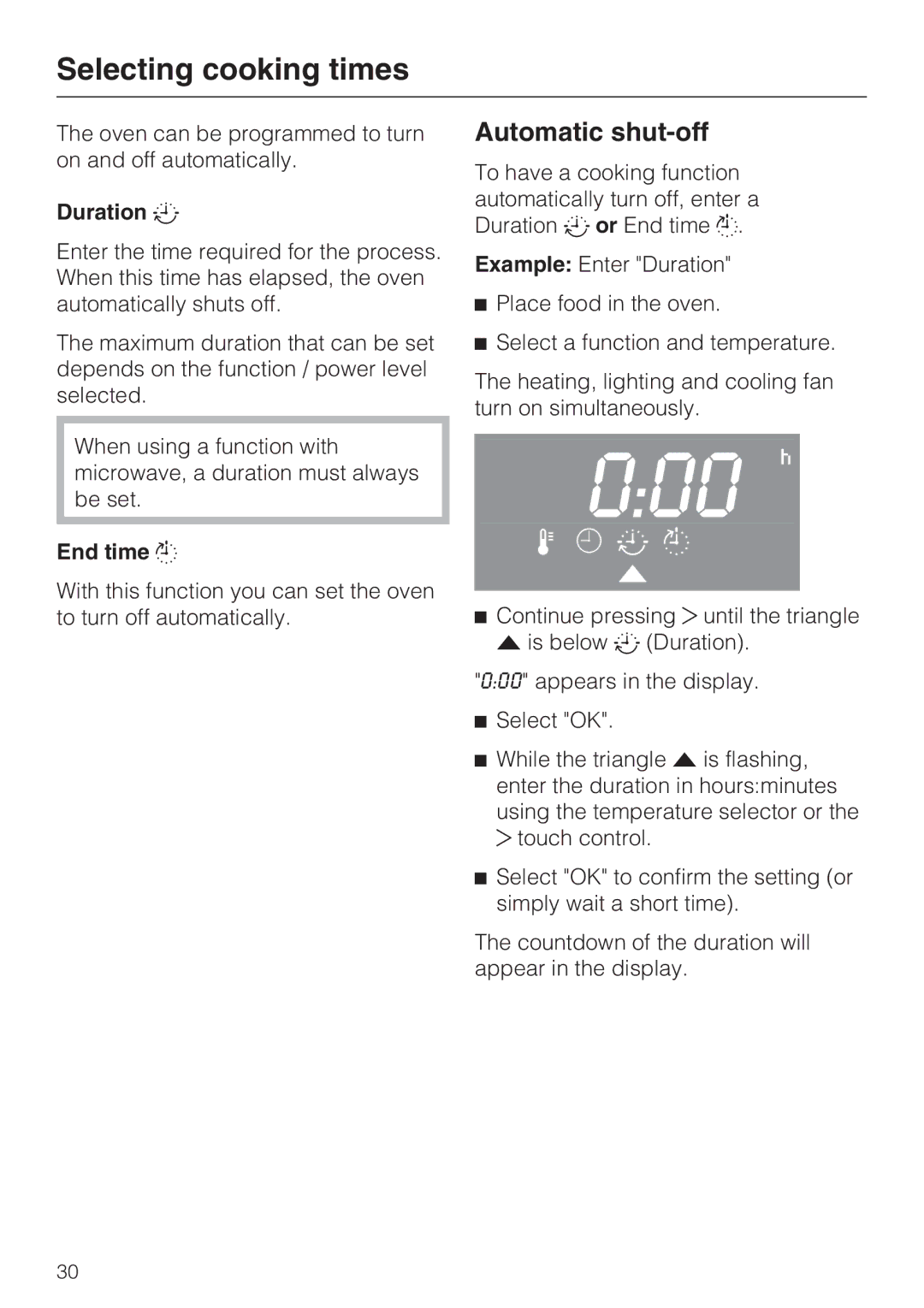 Miele H 4044 BM installation instructions Selecting cooking times, Automatic shut-off, Duration, End time 