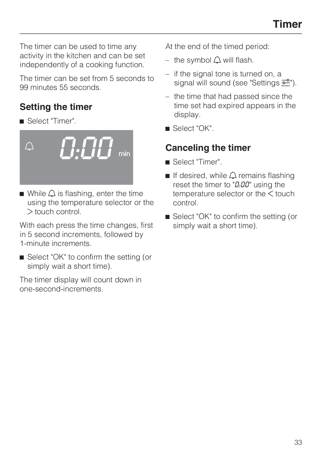 Miele H 4044 BM installation instructions Timer, Setting the timer, Canceling the timer 