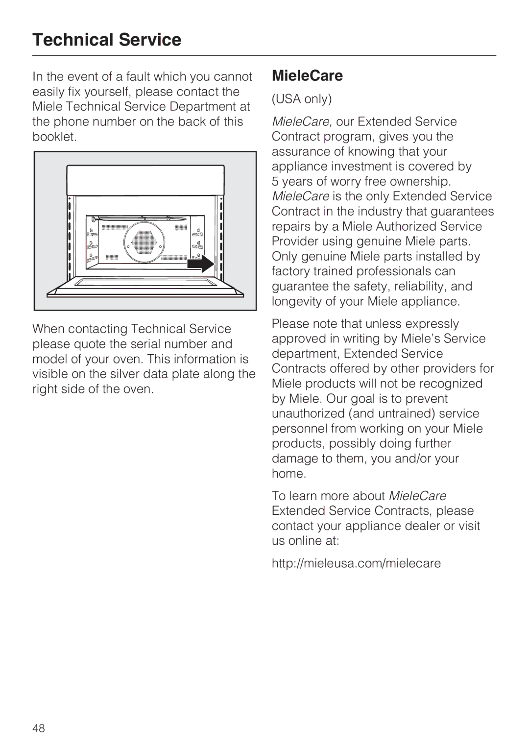 Miele H 4044 BM installation instructions Technical Service, MieleCare 