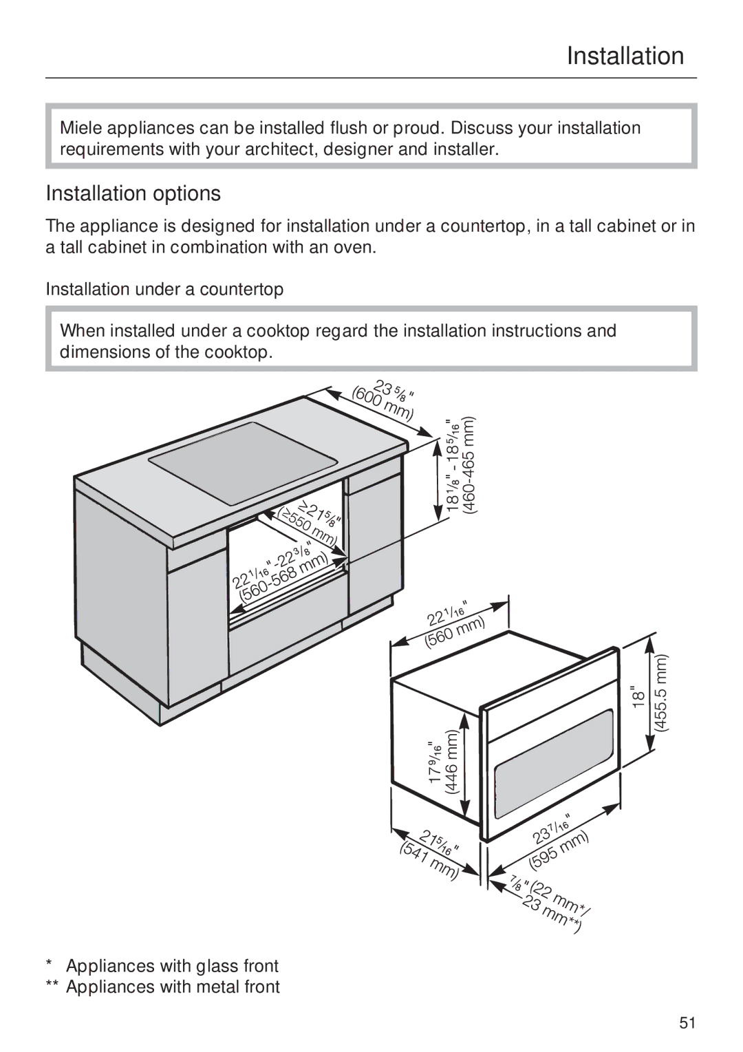 Miele H 4044 BM installation instructions Installation options, Installation under a countertop 