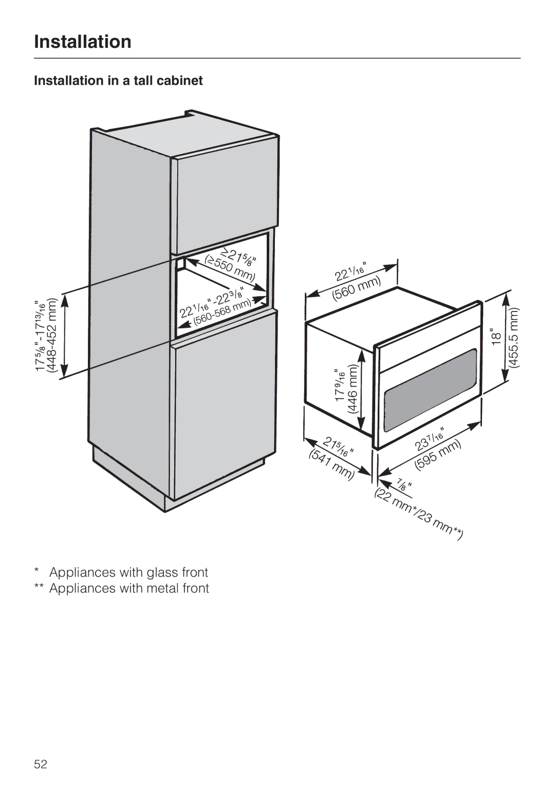 Miele H 4044 BM installation instructions Installation in a tall cabinet 