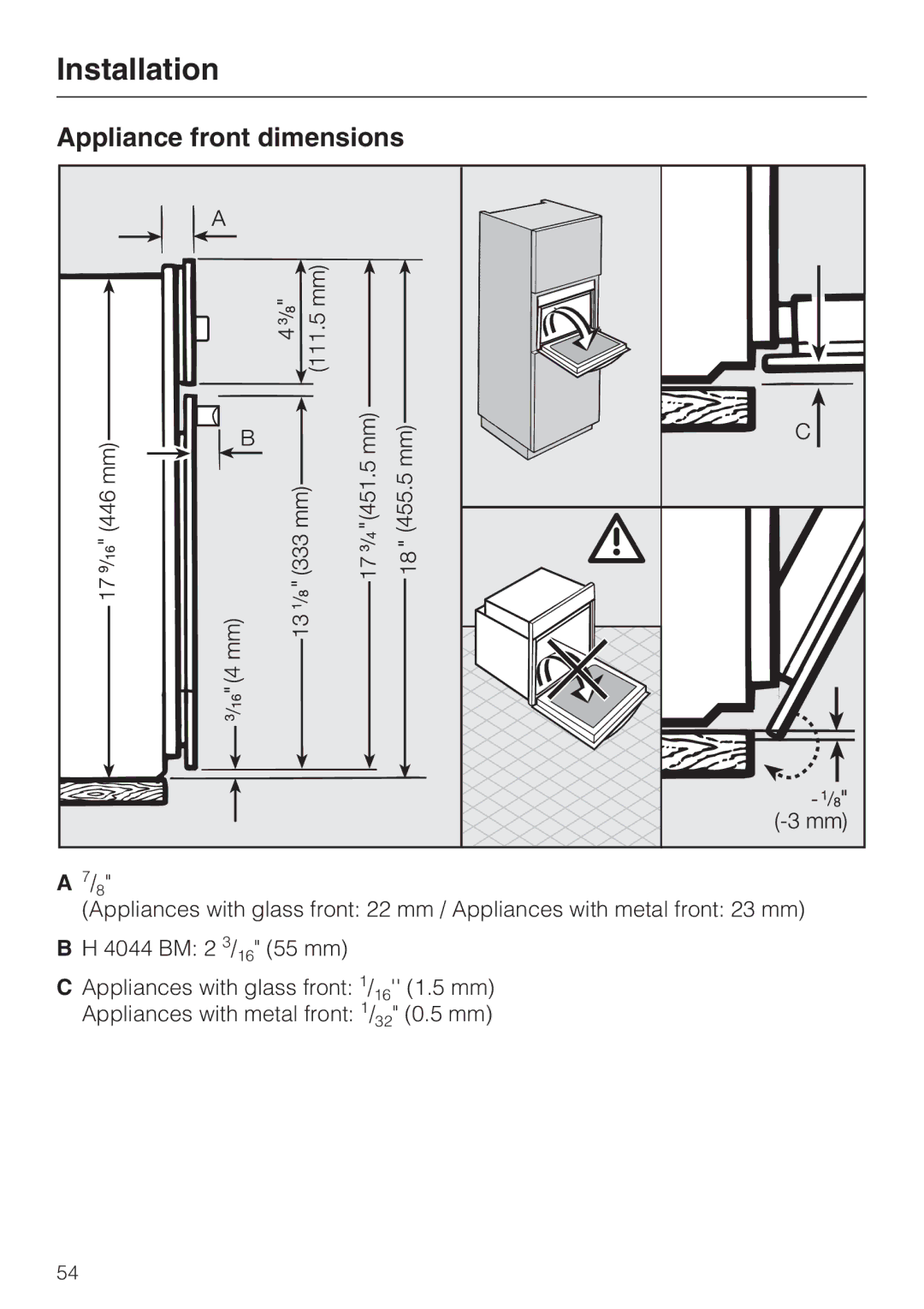 Miele H 4044 BM installation instructions Appliance front dimensions 