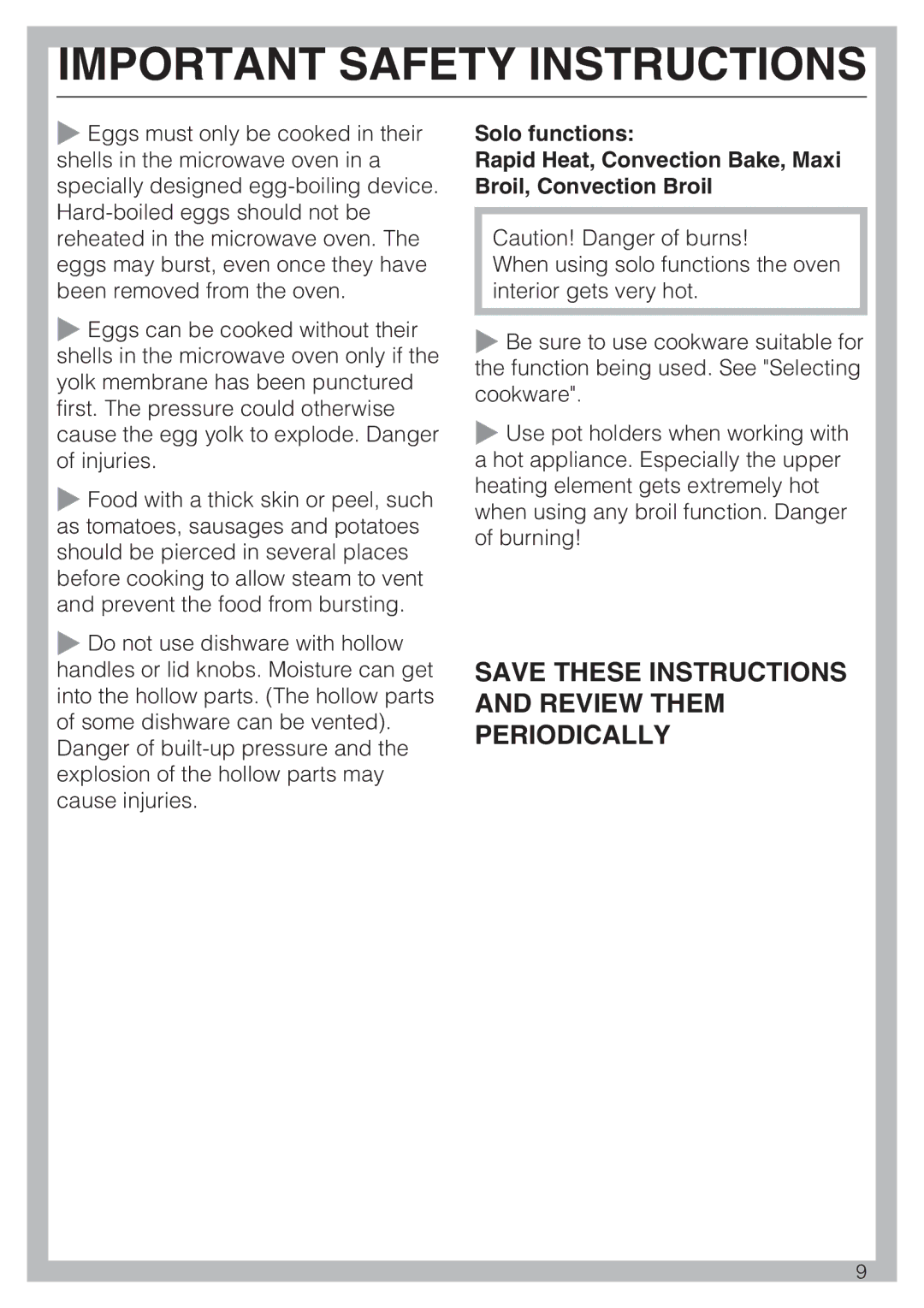 Miele H 4044 BM installation instructions Save These Instructions and Review Them Periodically 