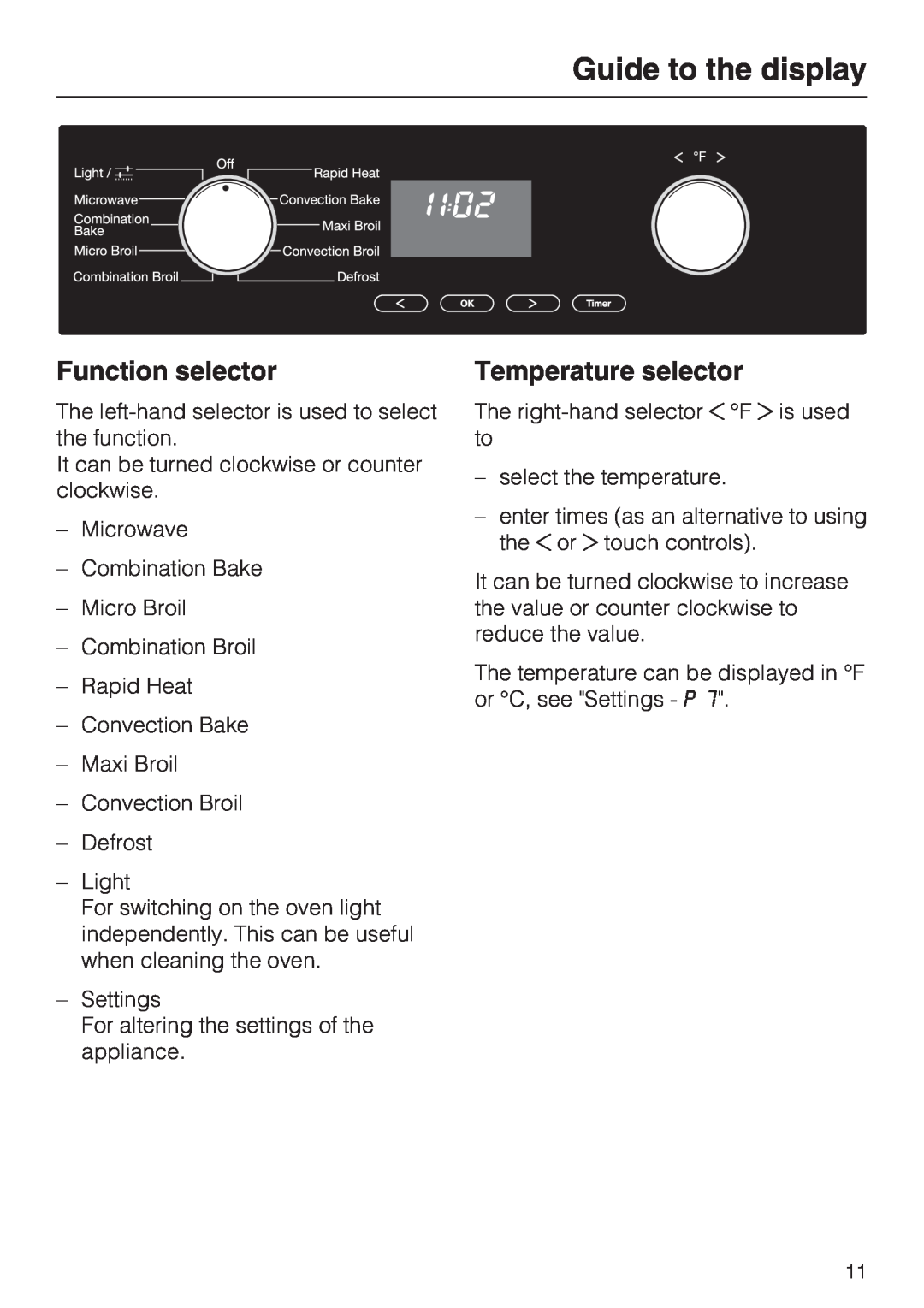 Miele H 4044 BM installation instructions Guide to the display, Function selector, Temperature selector 