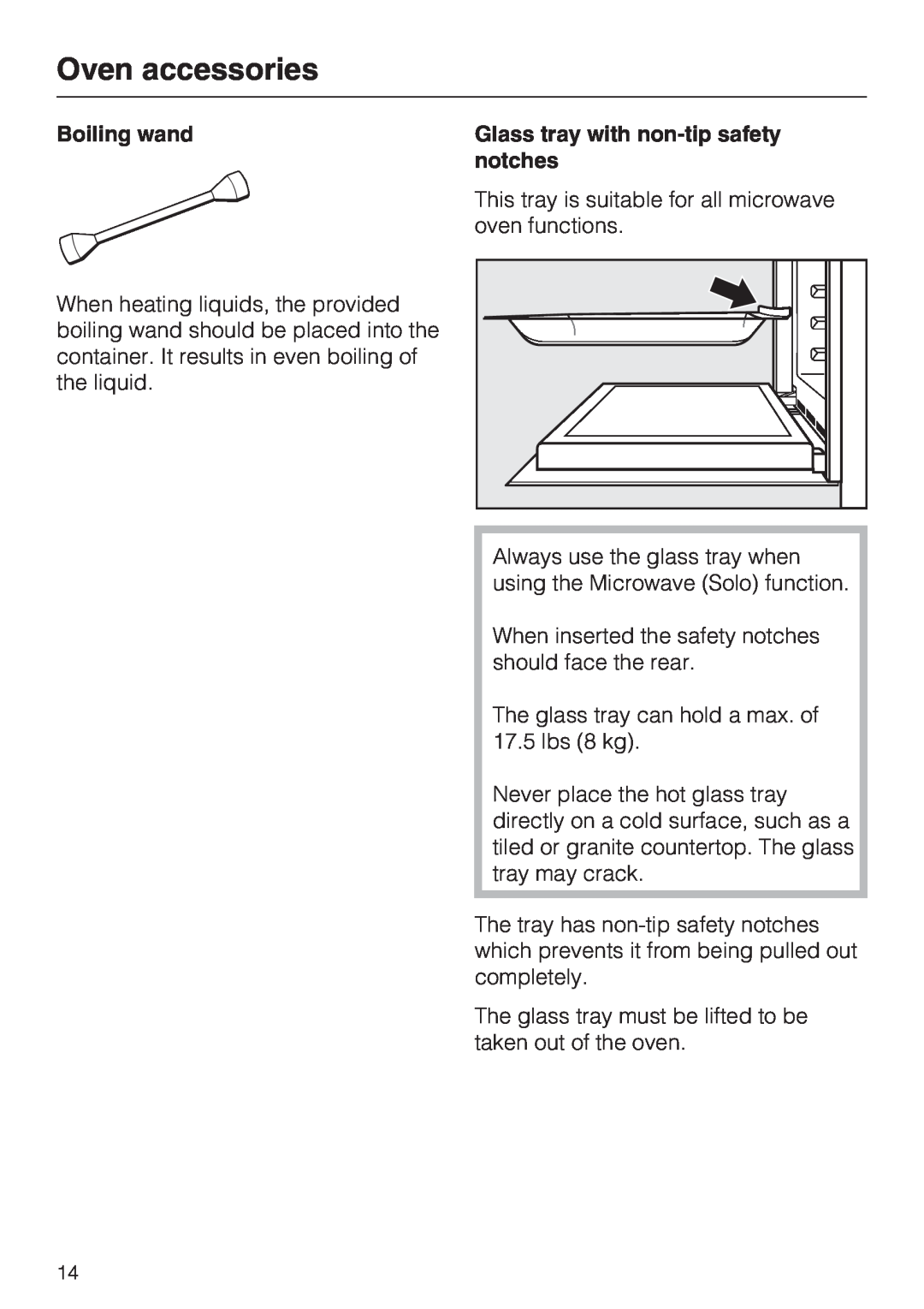 Miele H 4044 BM installation instructions Oven accessories, Boiling wand, Glass tray with non-tipsafety notches 