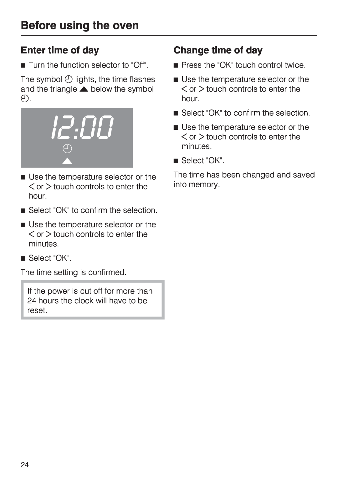 Miele H 4044 BM installation instructions I2, Before using the oven, Enter time of day, Change time of day 