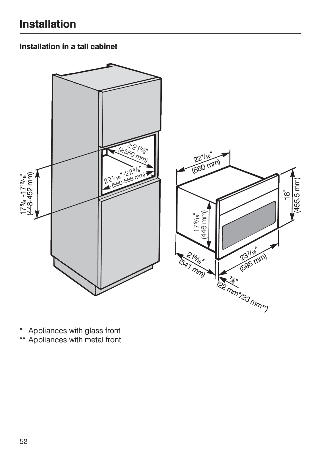 Miele H 4044 BM installation instructions Installation in a tall cabinet 