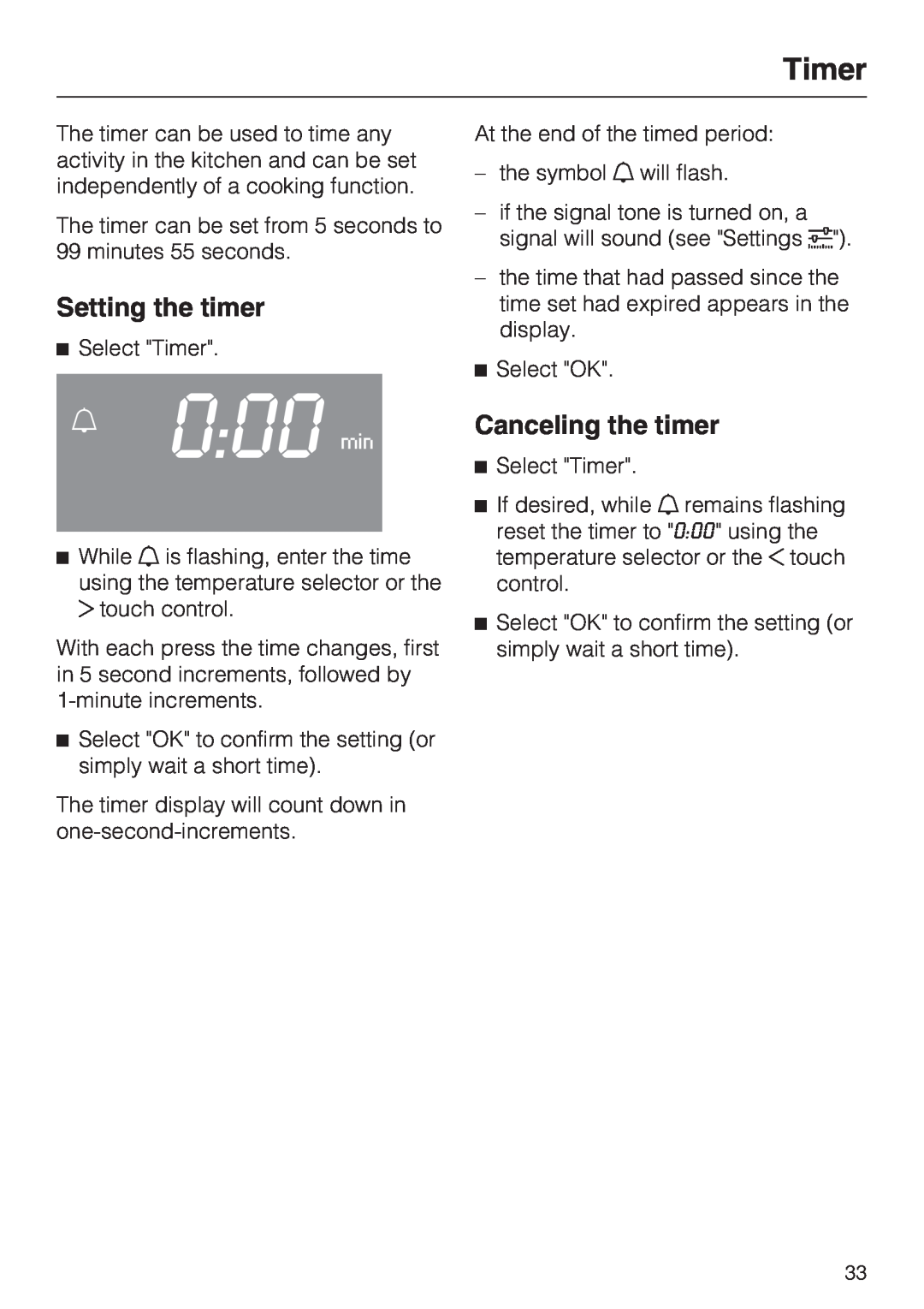 Miele H 4044 BM installation instructions Timer, Setting the timer, Canceling the timer, 000 min 