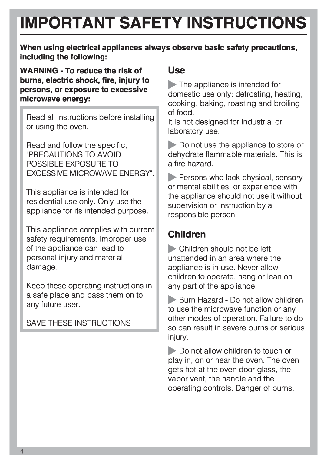 Miele H 4044 BM installation instructions Important Safety Instructions, Children 
