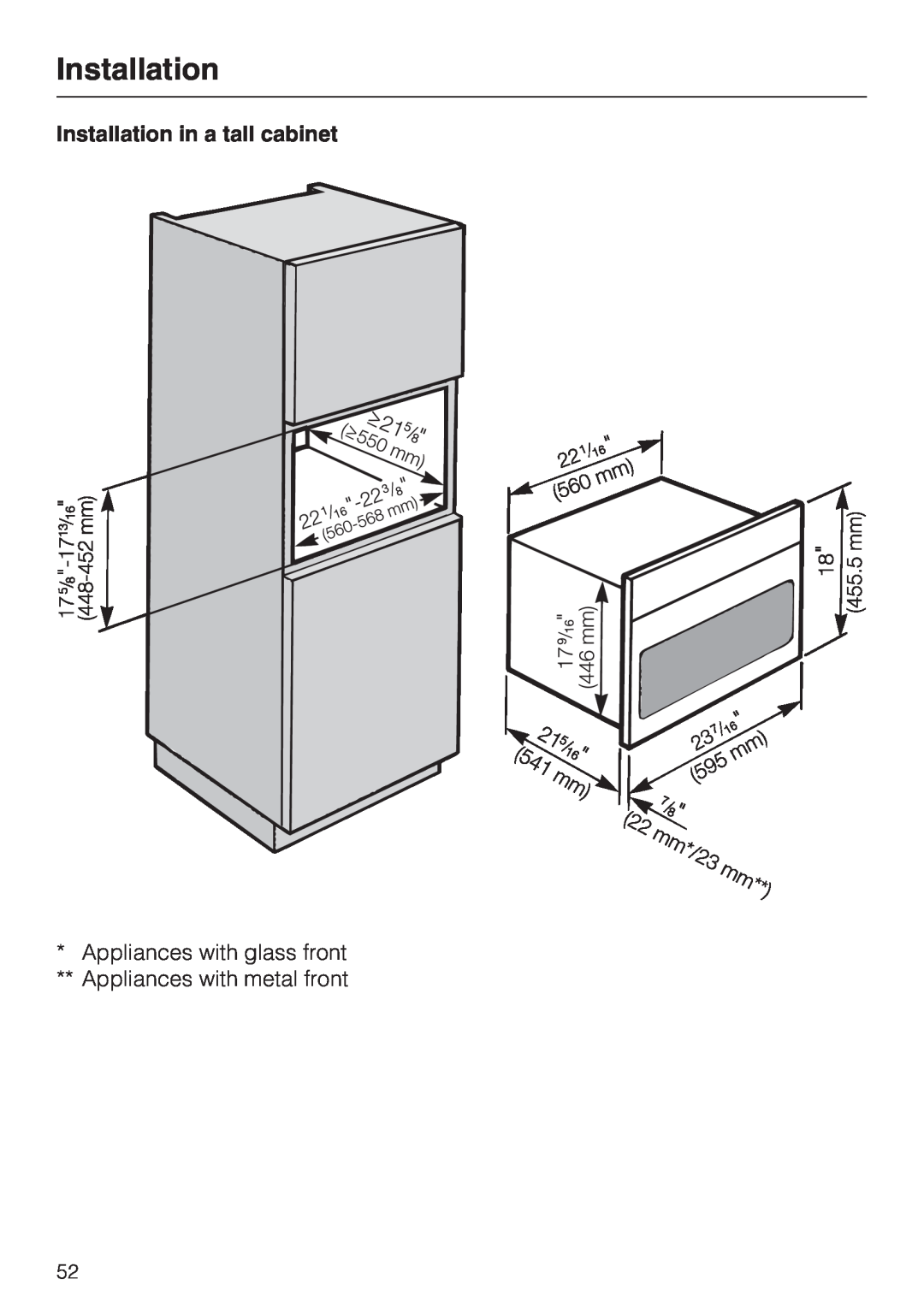 Miele H 4044 BM installation instructions Installation in a tall cabinet 