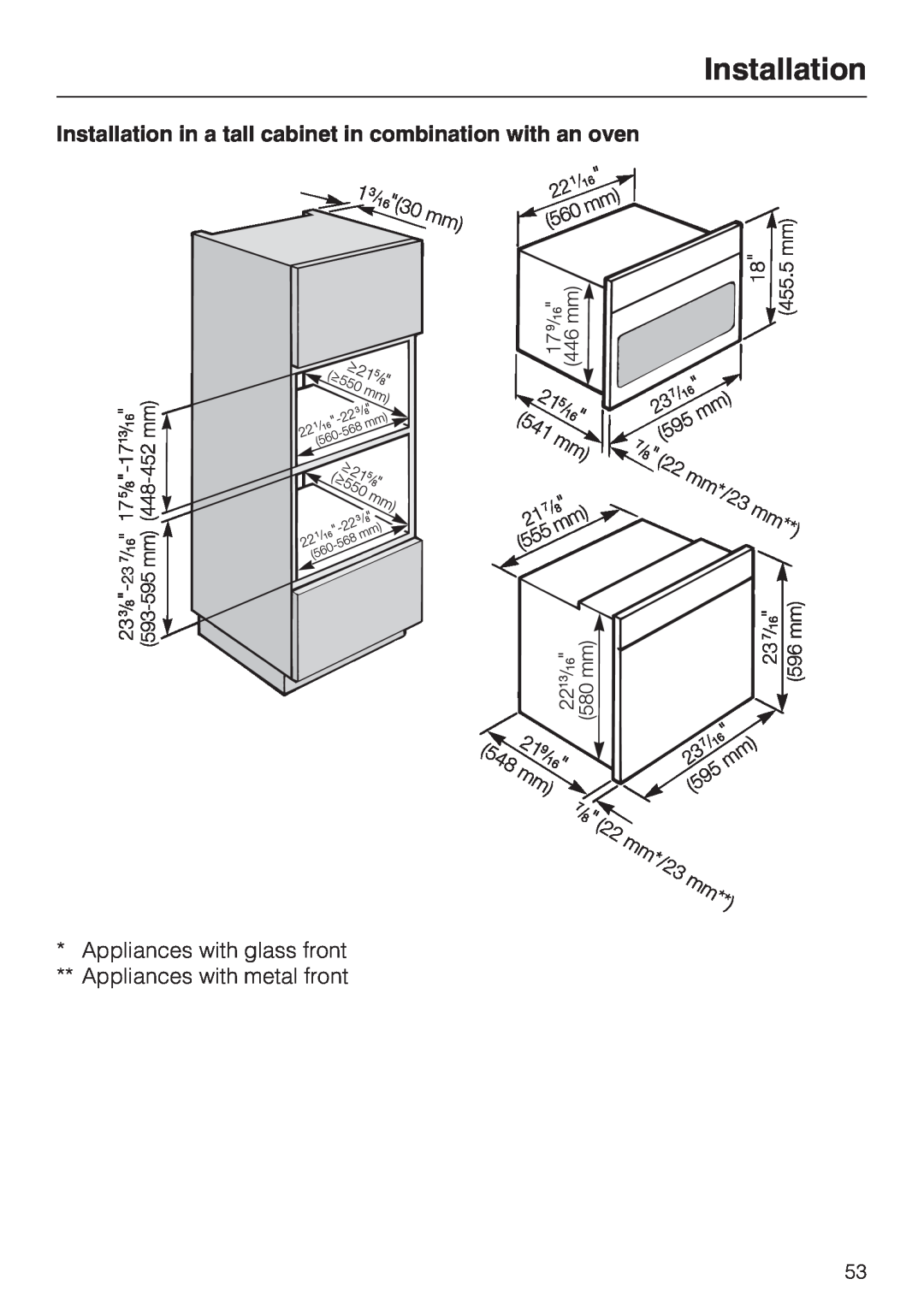 Miele H 4044 BM installation instructions Installation in a tall cabinet in combination with an oven 