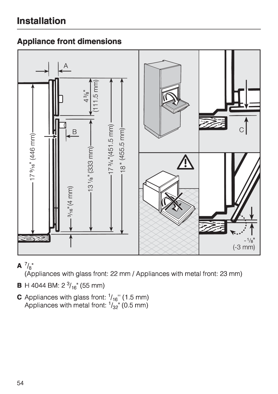 Miele H 4044 BM installation instructions Appliance front dimensions, Installation 
