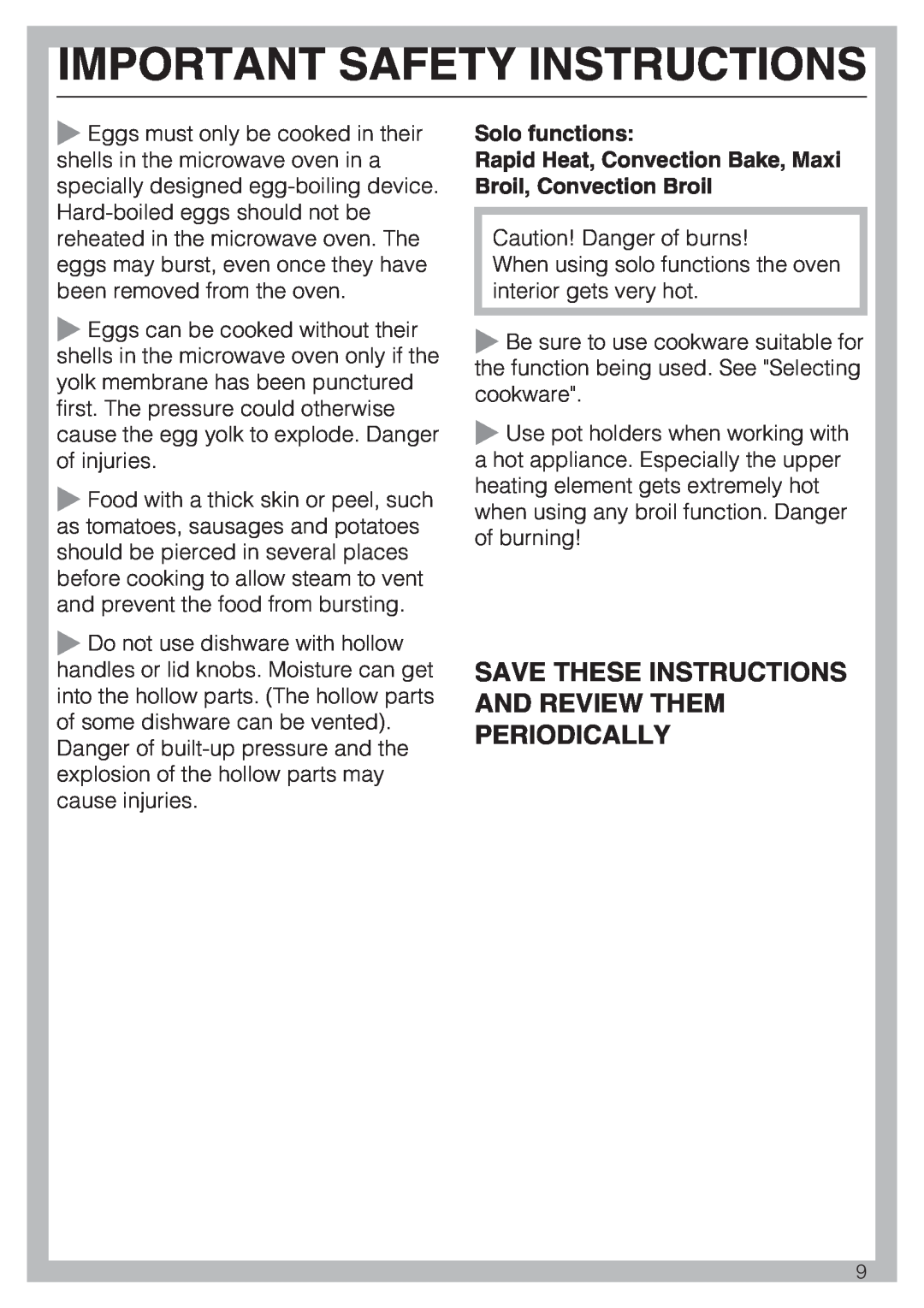 Miele H 4044 BM Save These Instructions And Review Them Periodically, Solo functions, Important Safety Instructions 