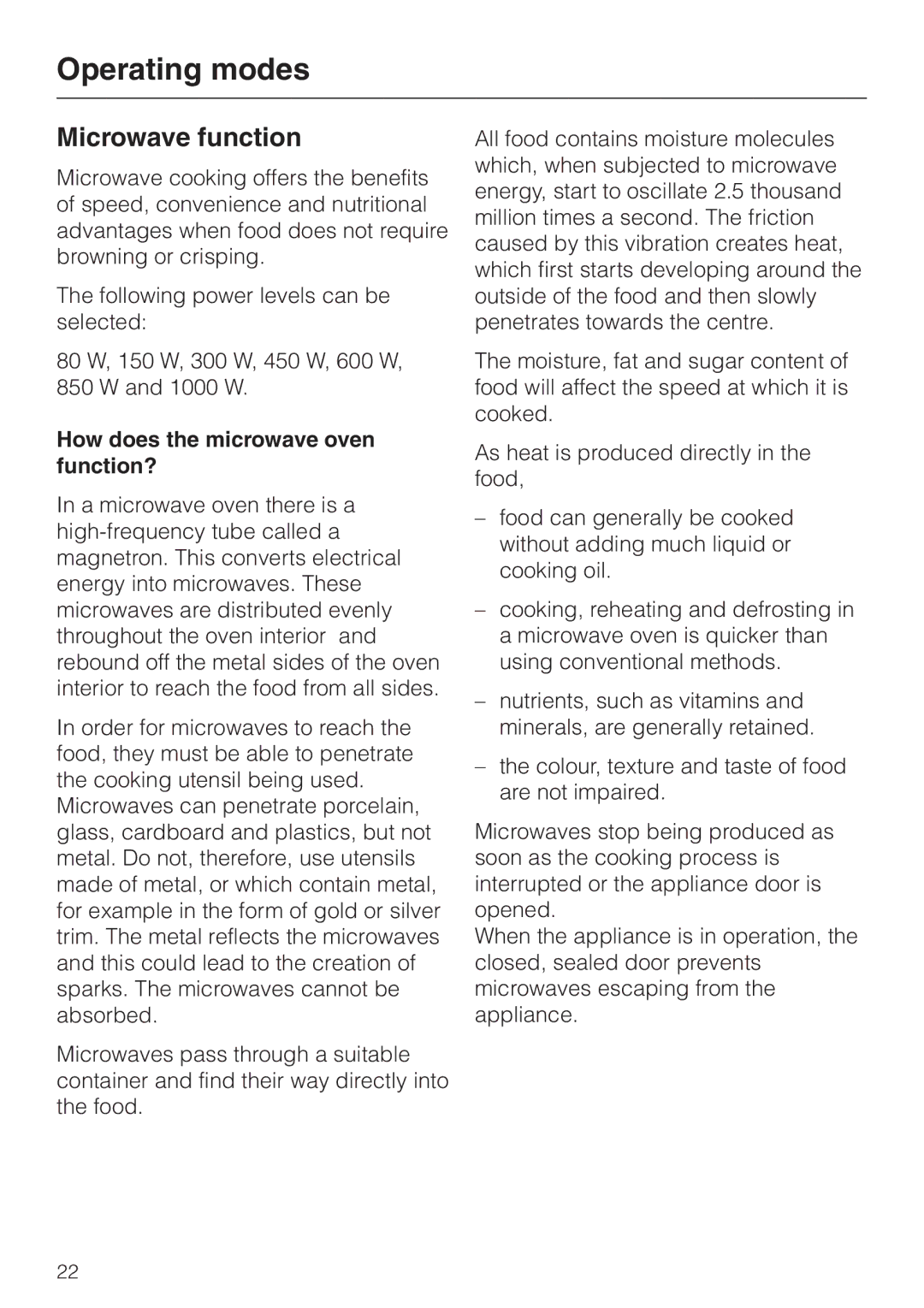 Miele H 4060 BM, H 4050 BM manual Operating modes, Microwave function, How does the microwave oven function? 