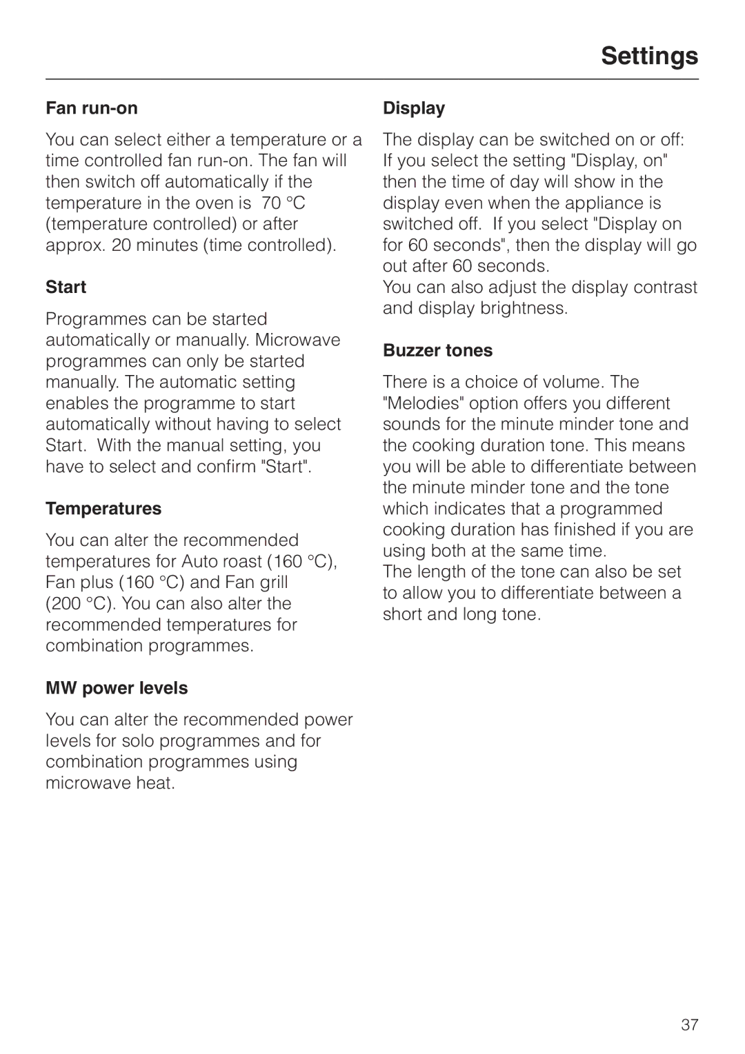 Miele H 4050 BM, H 4060 BM manual Fan run-on, Start, Temperatures, MW power levels, Display, Buzzer tones 