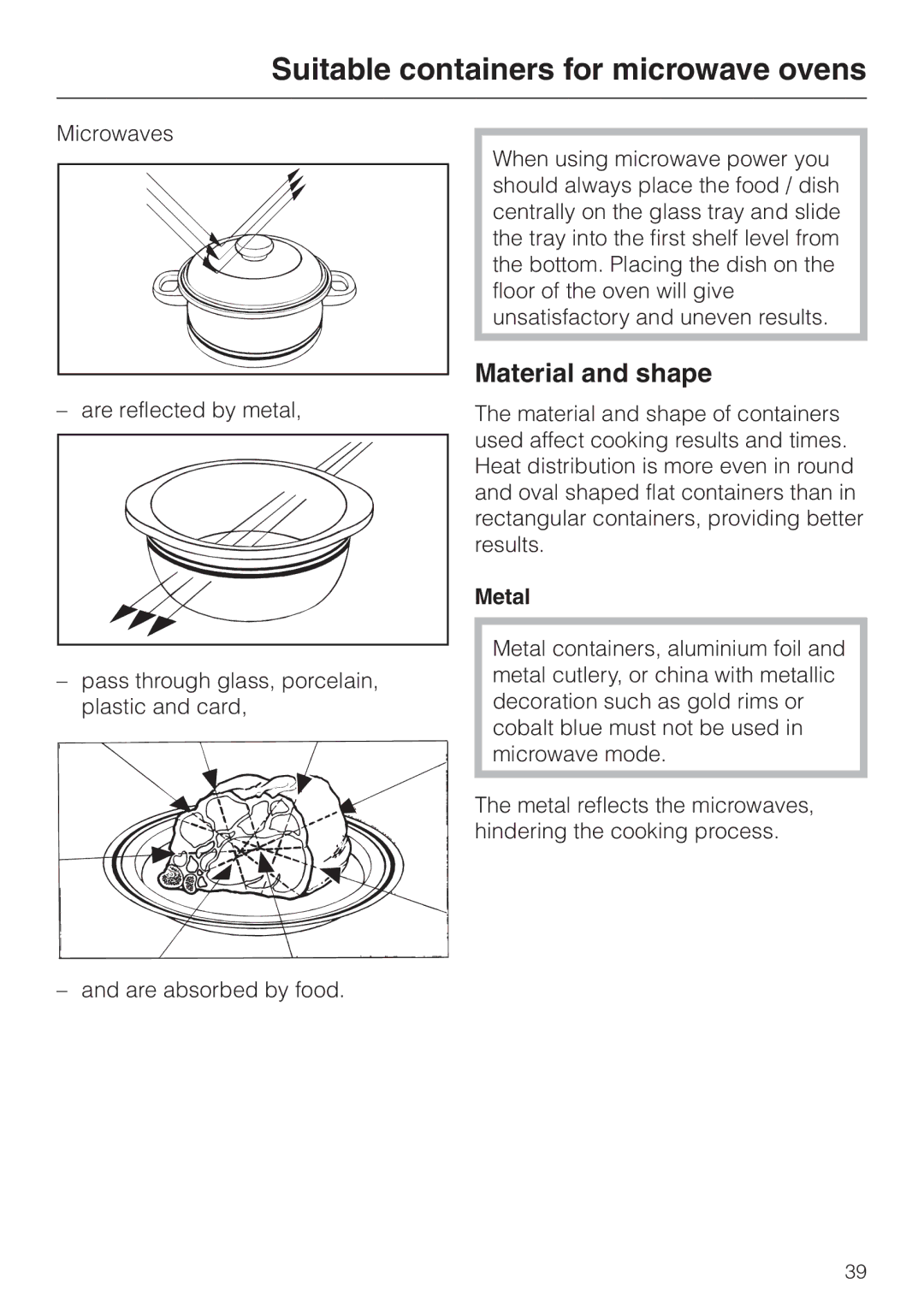 Miele H 4050 BM, H 4060 BM manual Suitable containers for microwave ovens, Material and shape, Metal 