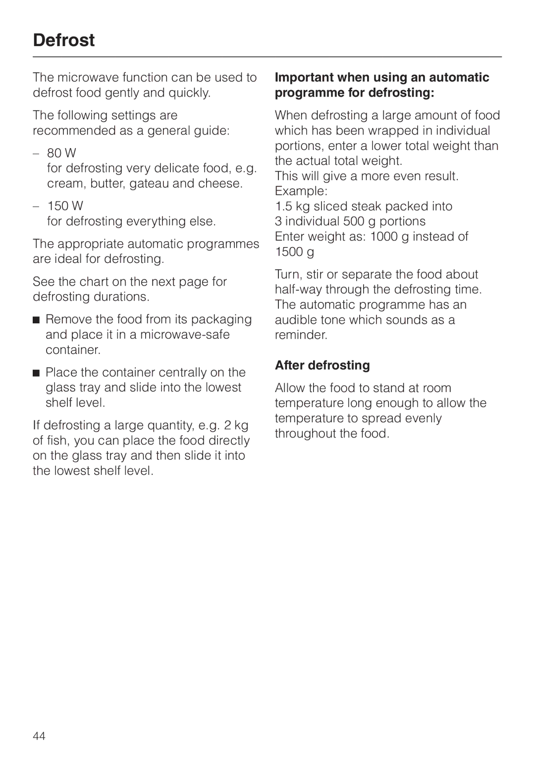 Miele H 4060 BM, H 4050 BM manual Defrost, Important when using an automatic programme for defrosting, After defrosting 