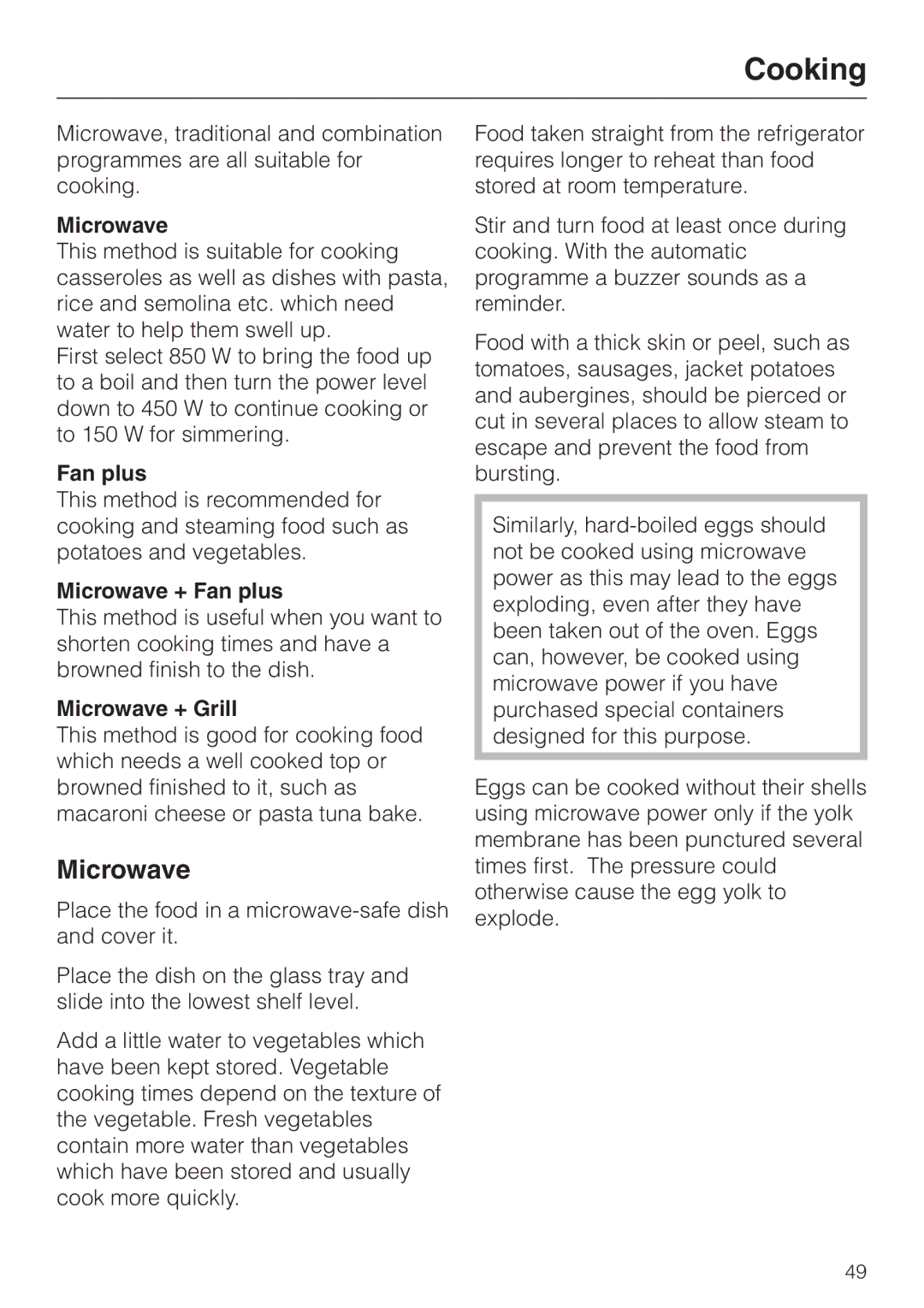 Miele H 4050 BM, H 4060 BM manual Cooking, Microwave + Fan plus, Microwave + Grill 