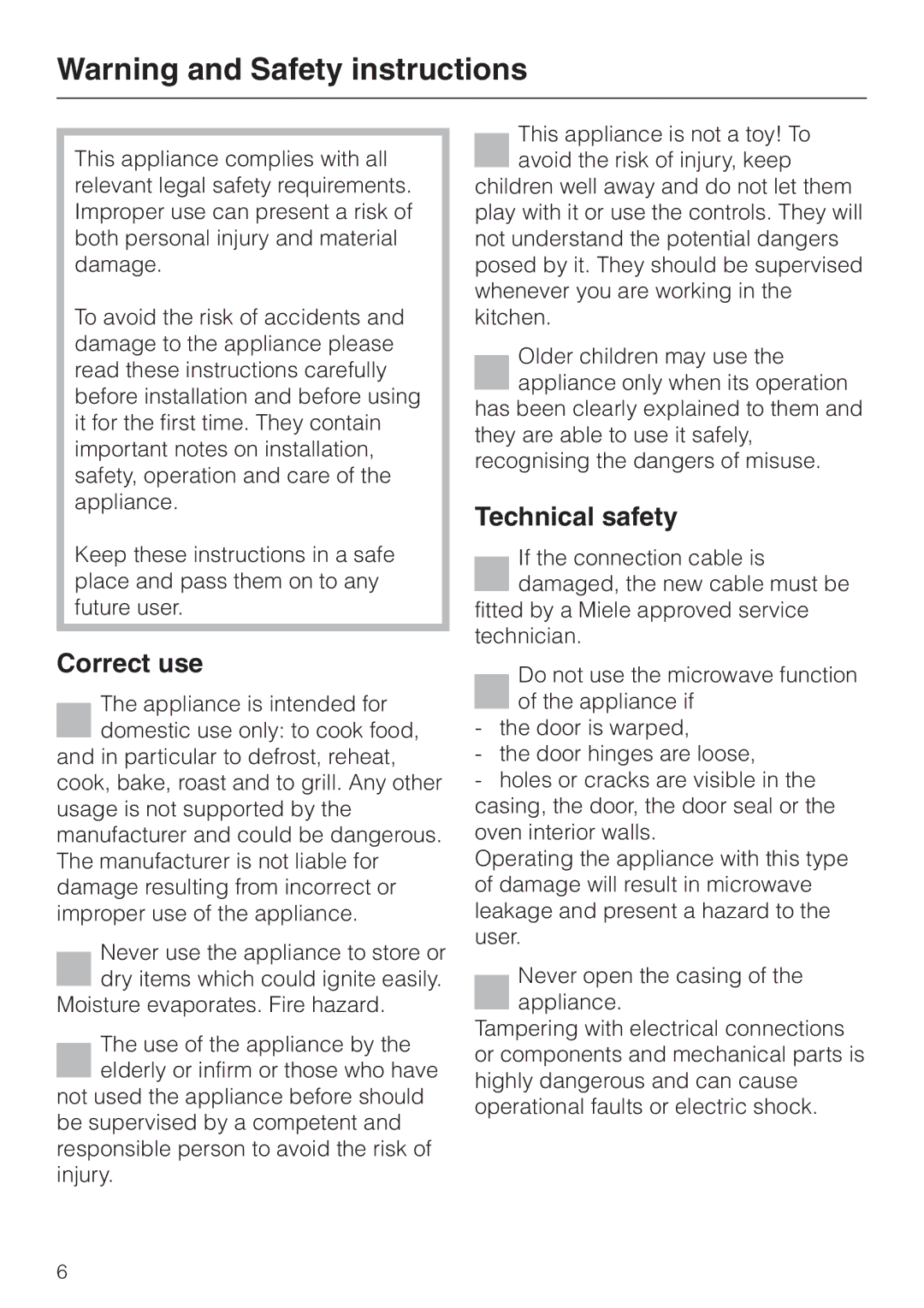 Miele H 4060 BM, H 4050 BM manual Correct use, Technical safety 