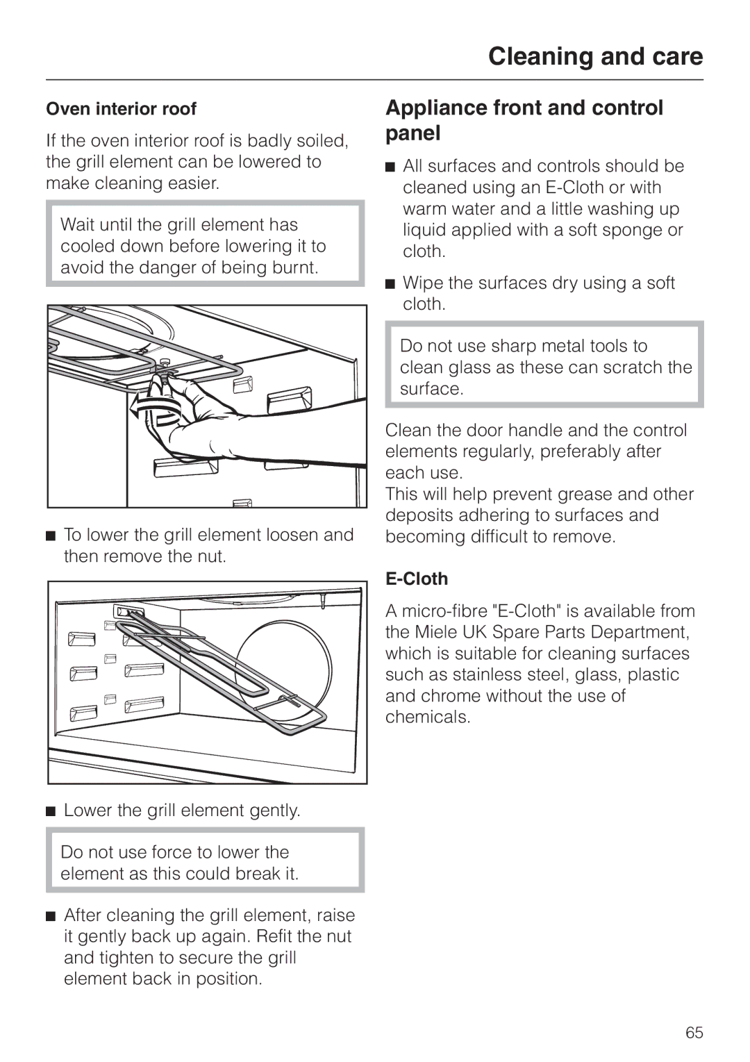 Miele H 4050 BM, H 4060 BM Appliance front and control panel, Oven interior roof, Lower the grill element gently, Cloth 