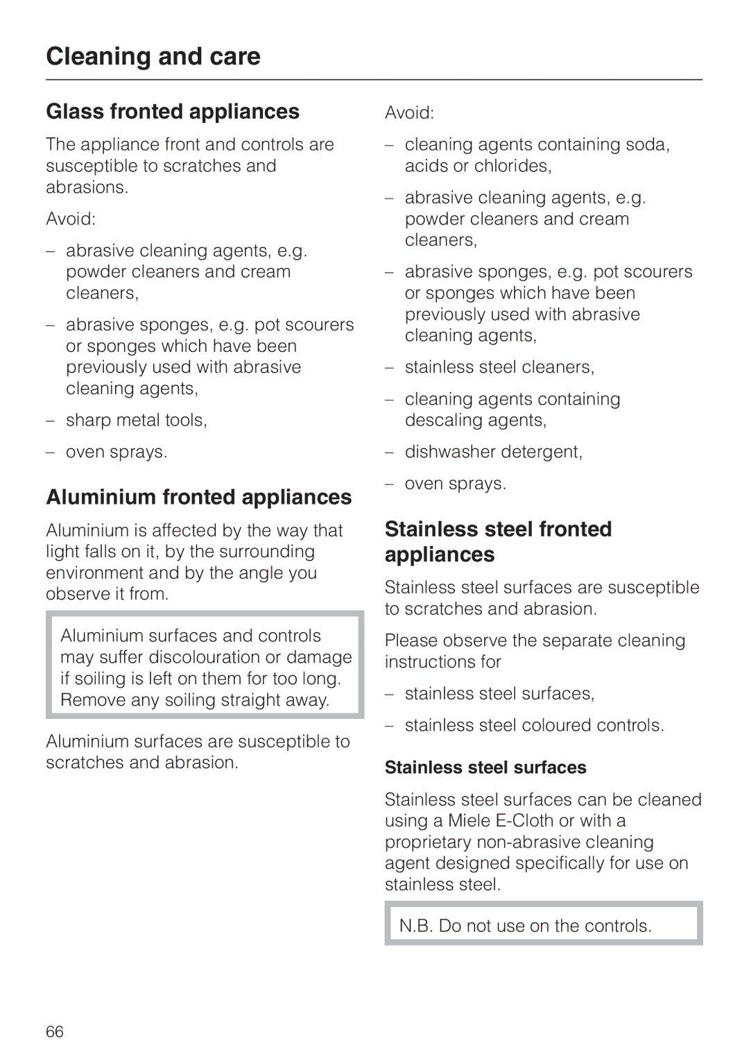 Miele H 4060 BM, H 4050 BM manual Glass fronted appliances, Aluminium fronted appliances, Stainless steel fronted appliances 