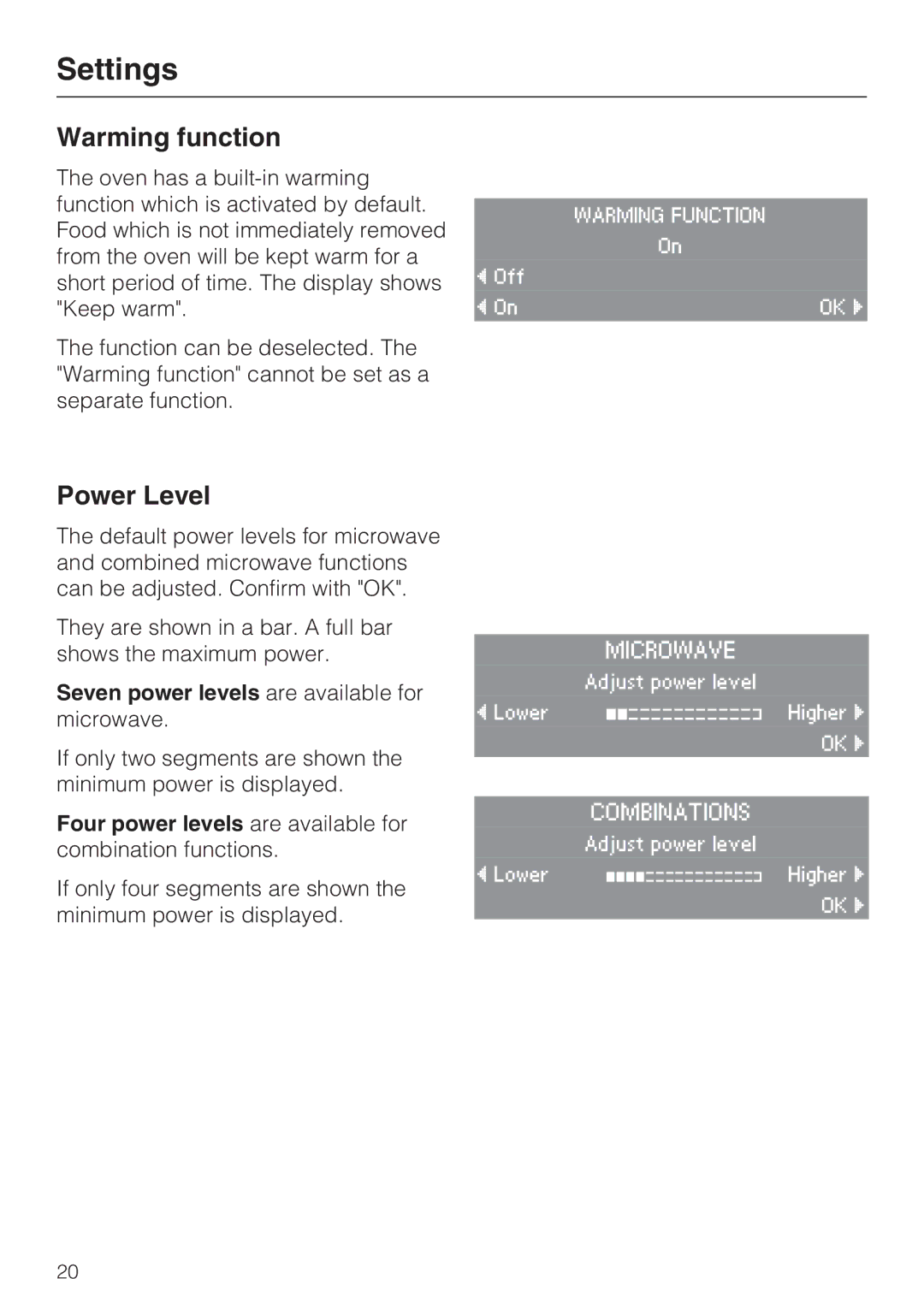 Miele H 4086 BM, H 4084 BM installation instructions Warming function, Power Level, Seven power levels are available for 