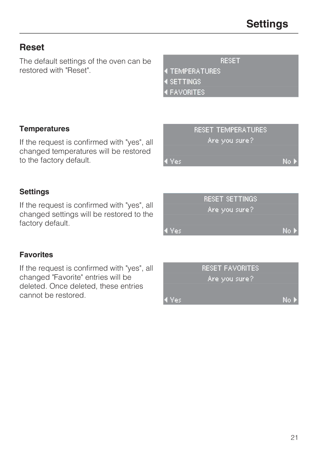 Miele H 4084 BM, H 4086 BM installation instructions Reset, Temperatures, Settings, Favorites 