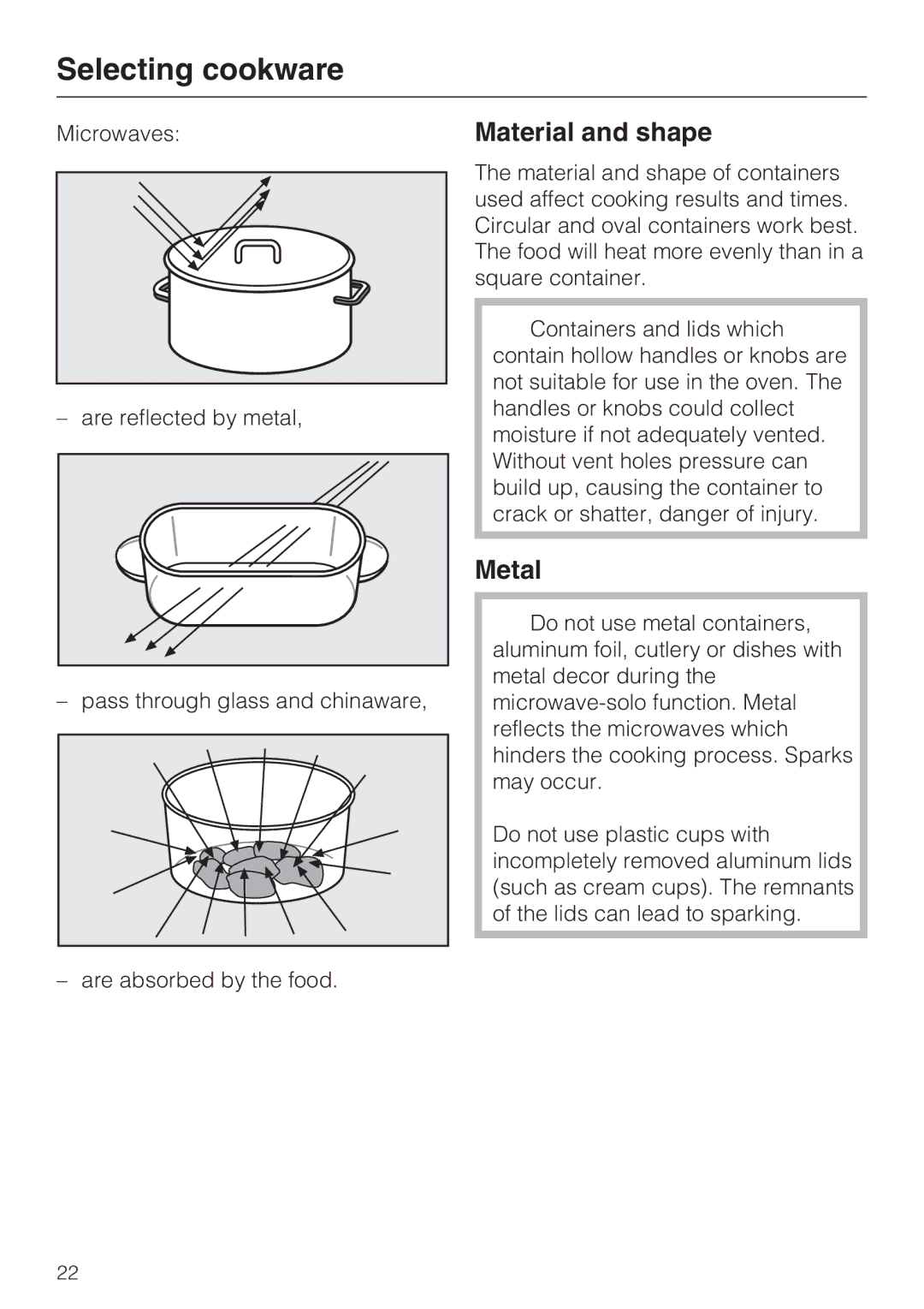 Miele H 4086 BM, H 4084 BM installation instructions Selecting cookware, Material and shape, Metal 