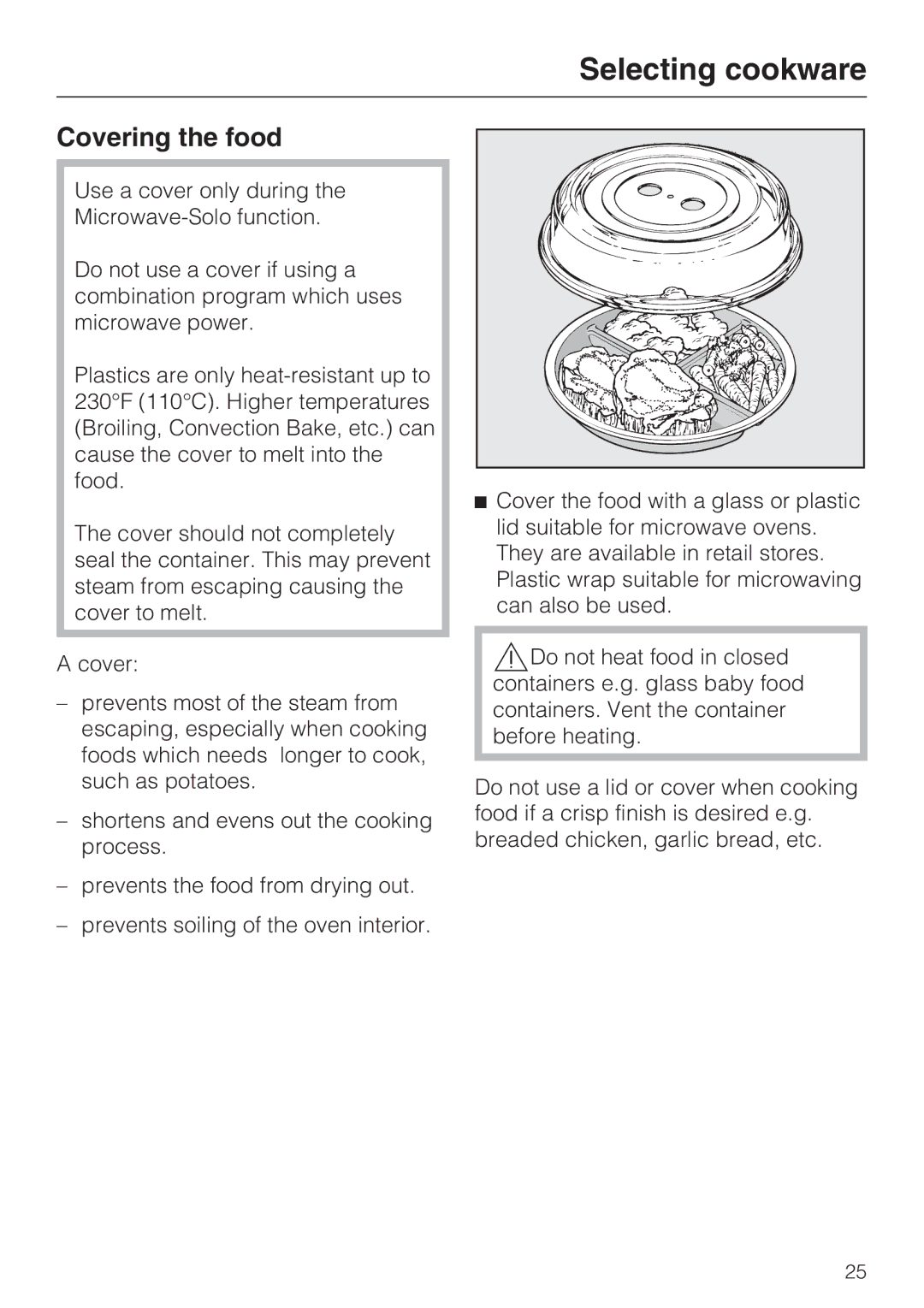 Miele H 4084 BM, H 4086 BM installation instructions Covering the food 