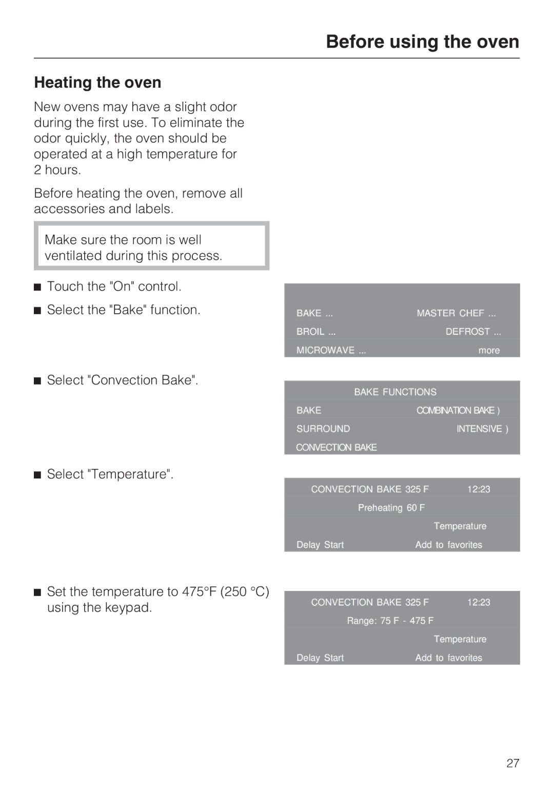 Miele H 4084 BM, H 4086 BM installation instructions Heating the oven 