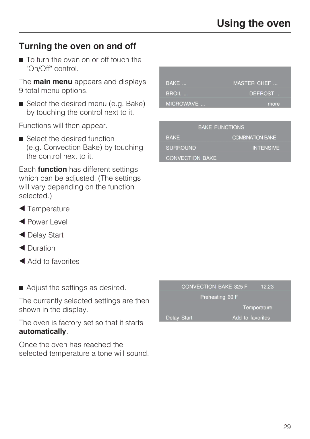 Miele H 4084 BM, H 4086 BM installation instructions Using the oven, Turning the oven on and off 