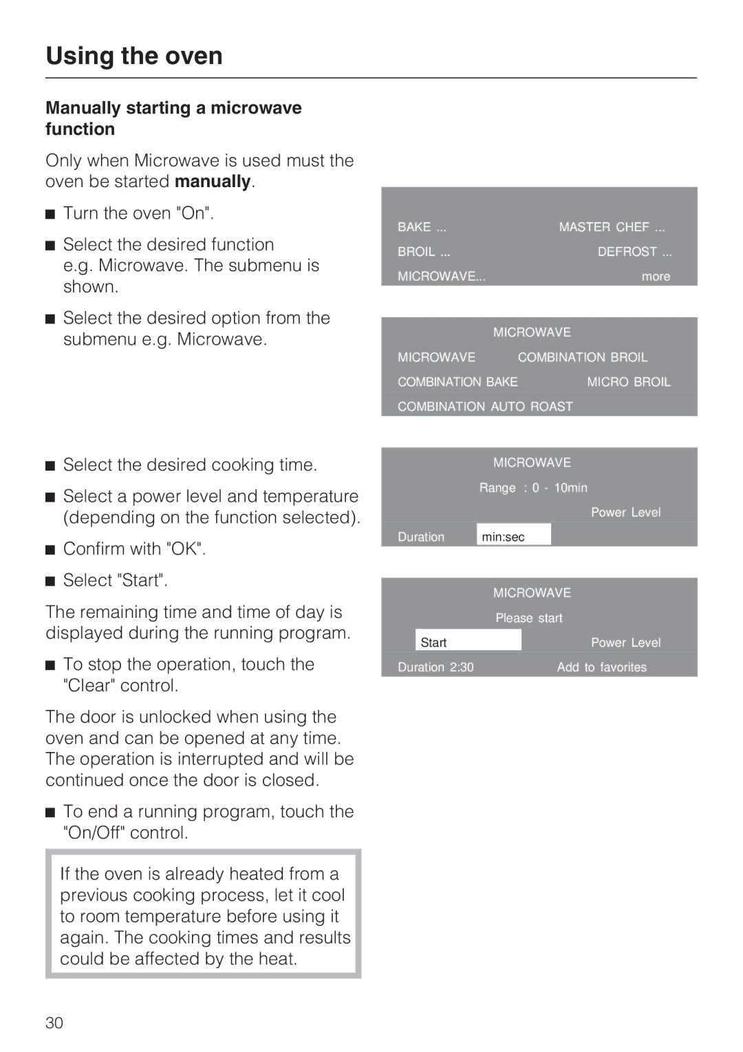 Miele H 4086 BM, H 4084 BM installation instructions Manually starting a microwave function 