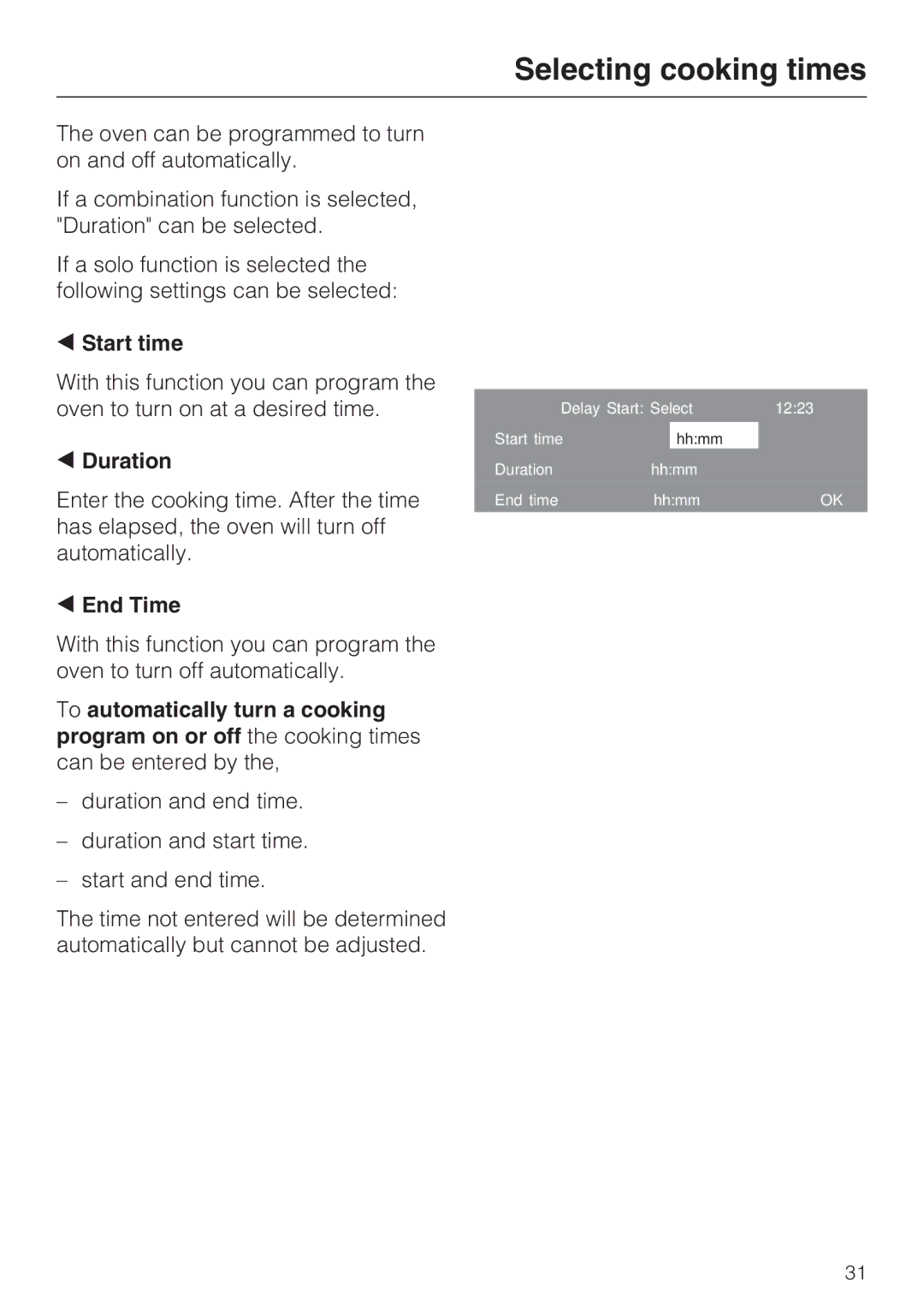 Miele H 4084 BM, H 4086 BM installation instructions Selecting cooking times, Start time, Duration, End Time 