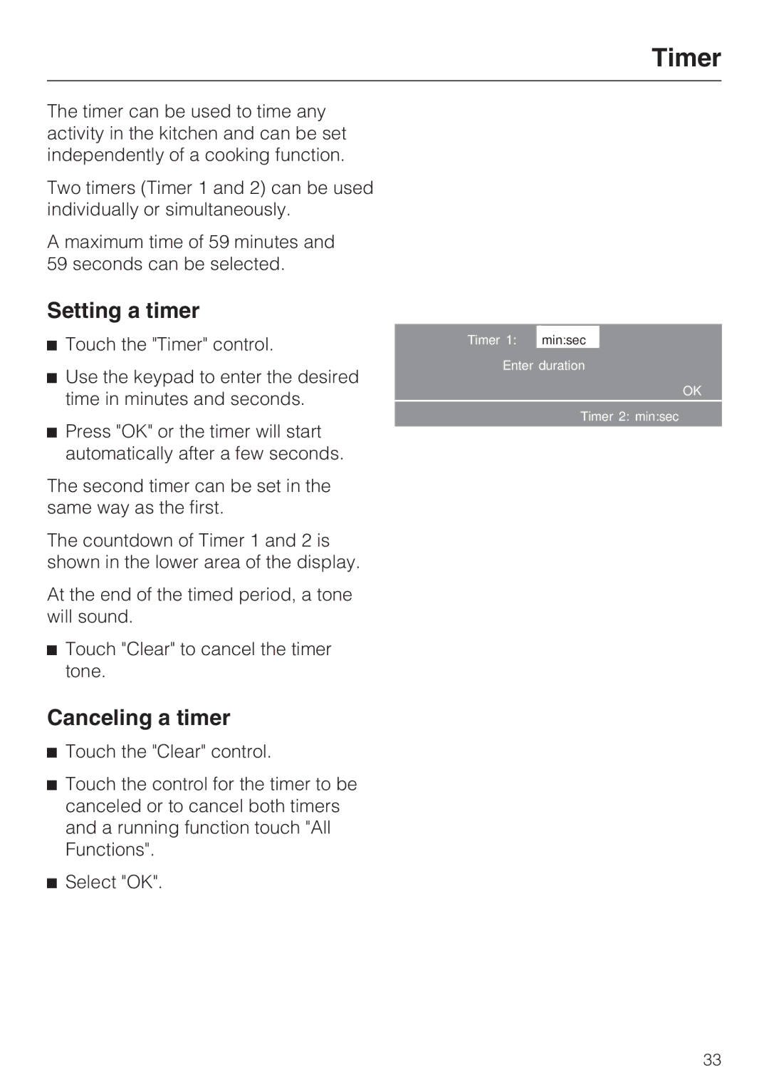 Miele H 4084 BM, H 4086 BM installation instructions Timer, Setting a timer, Canceling a timer 