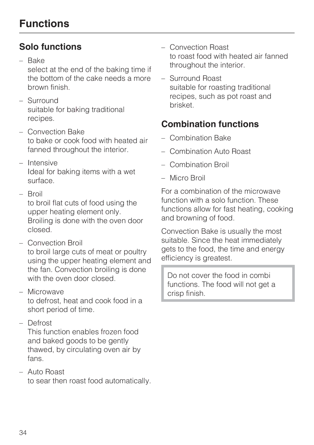 Miele H 4086 BM, H 4084 BM installation instructions Functions, Solo functions, Combination functions 