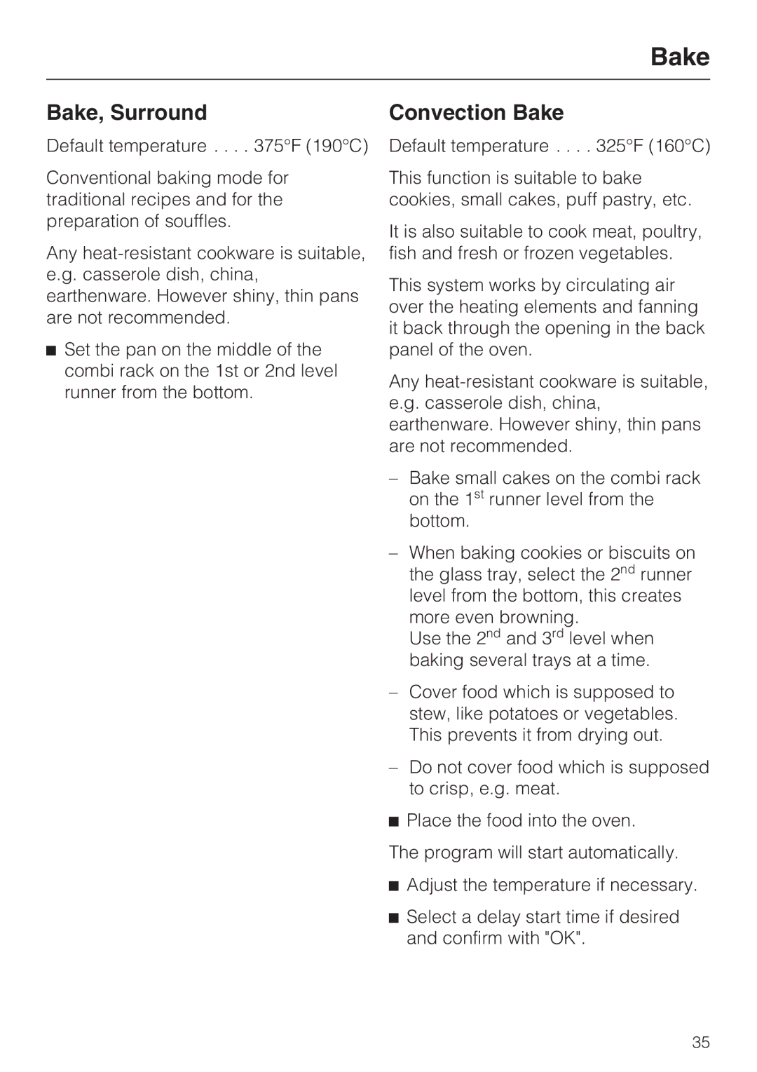 Miele H 4084 BM, H 4086 BM installation instructions Bake, Surround, Convection Bake 