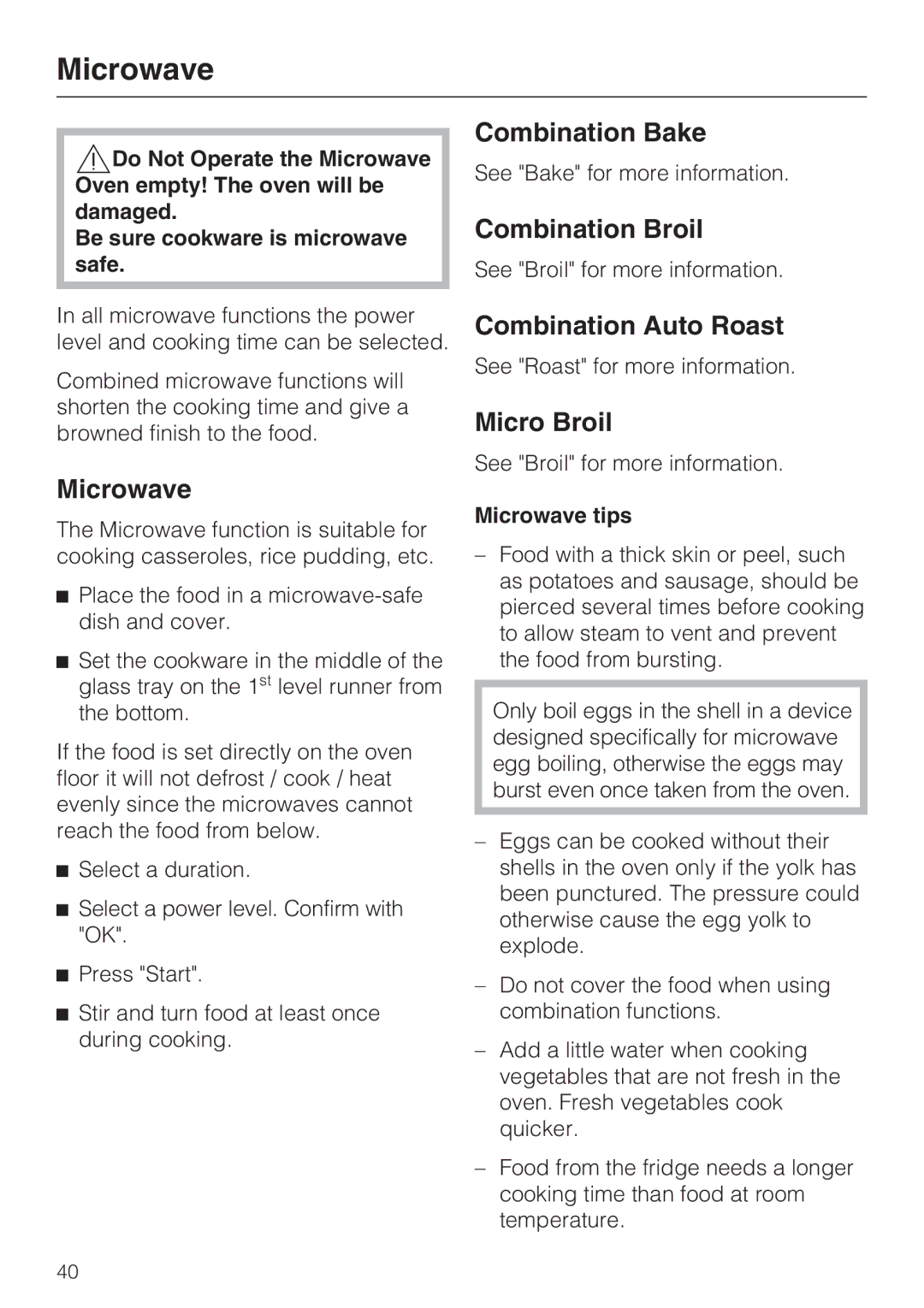 Miele H 4086 BM, H 4084 BM installation instructions Combination Auto Roast, Microwave tips 